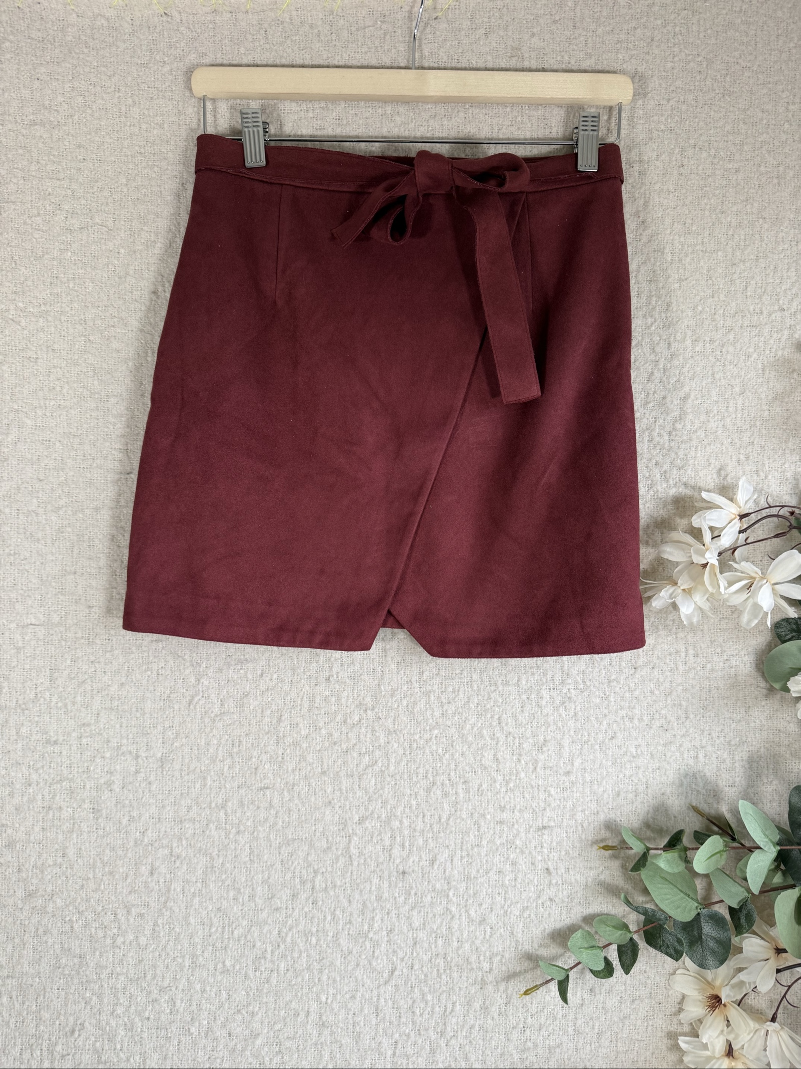 River Island Burgundy Suede Wrap Mini Skirt UK 10 Belted Casual Chic