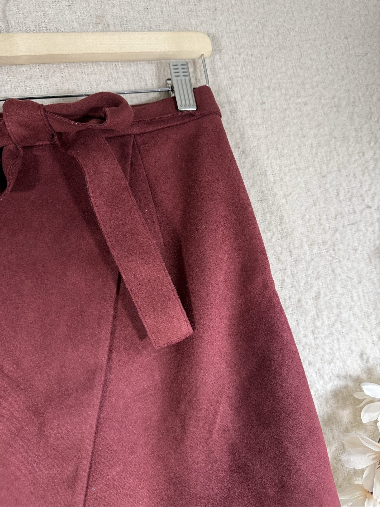 River Island Burgundy Suede Wrap Mini Skirt UK 10 Belted Casual Chic image 3