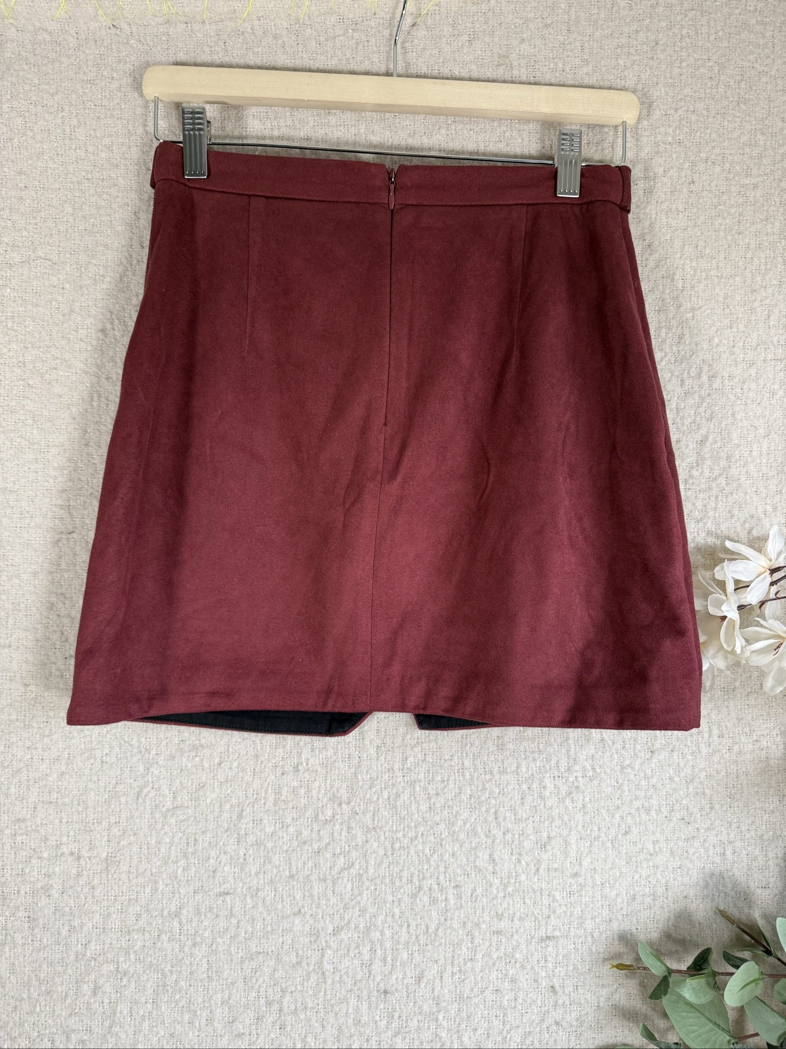 River Island Burgundy Suede Wrap Mini Skirt UK 10 Belted Casual Chic image 4