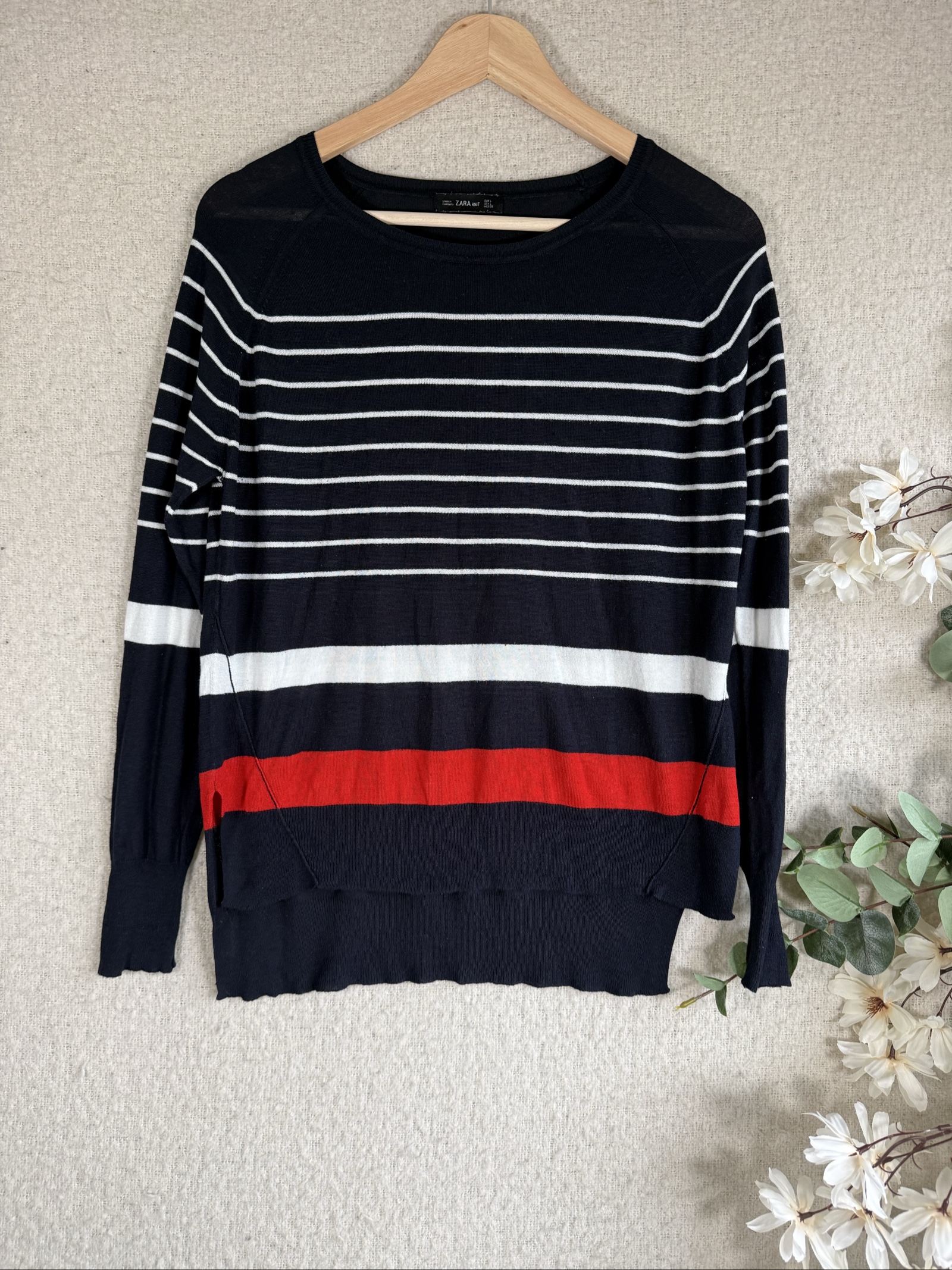 Zara Navy Blue & White Striped Viscose & Acrylic Jumper UK Large Lightweight