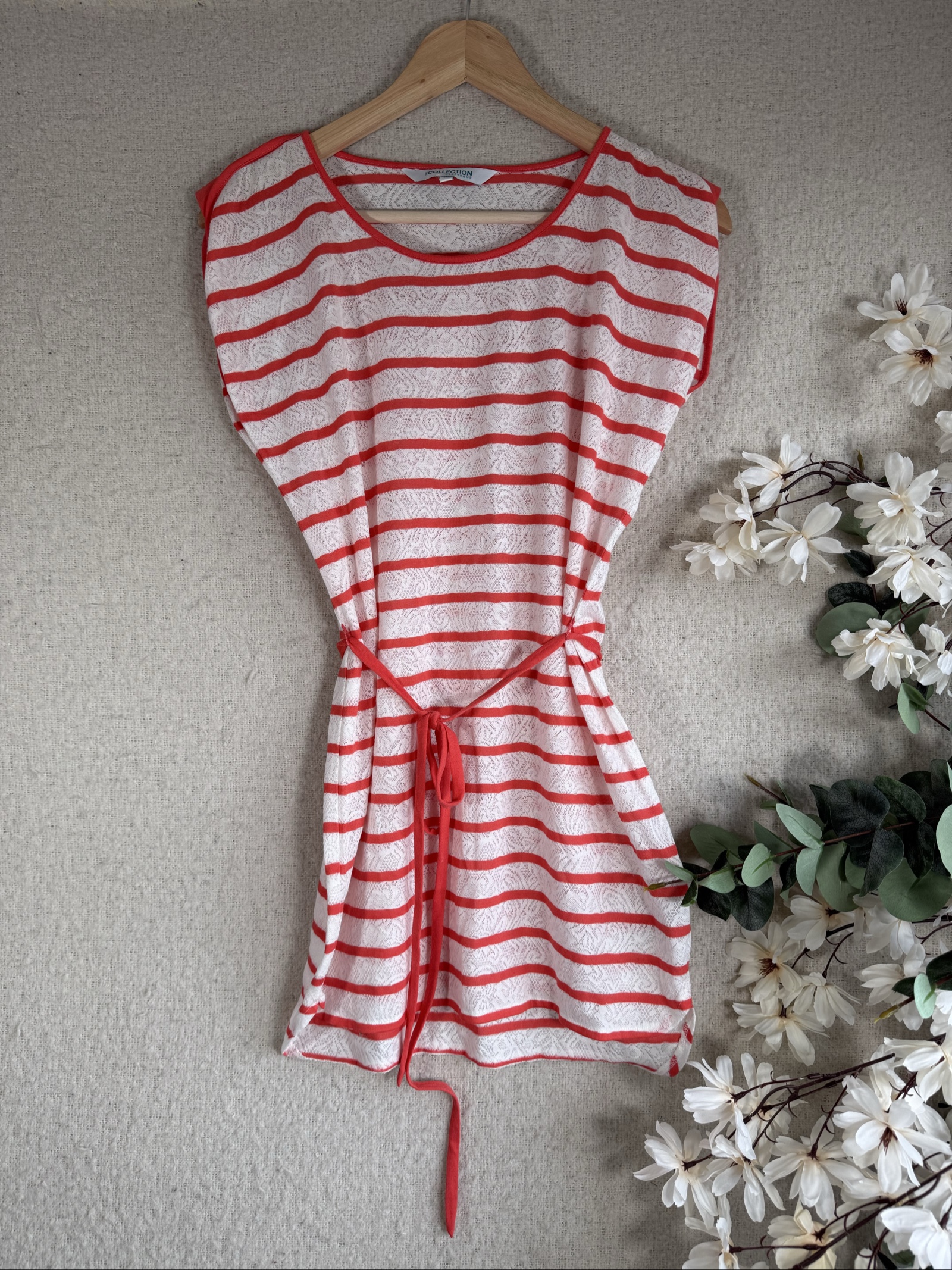 Debenhams Red & White Striped Lace Tunic Dress UK 10 Cotton Casual Summer