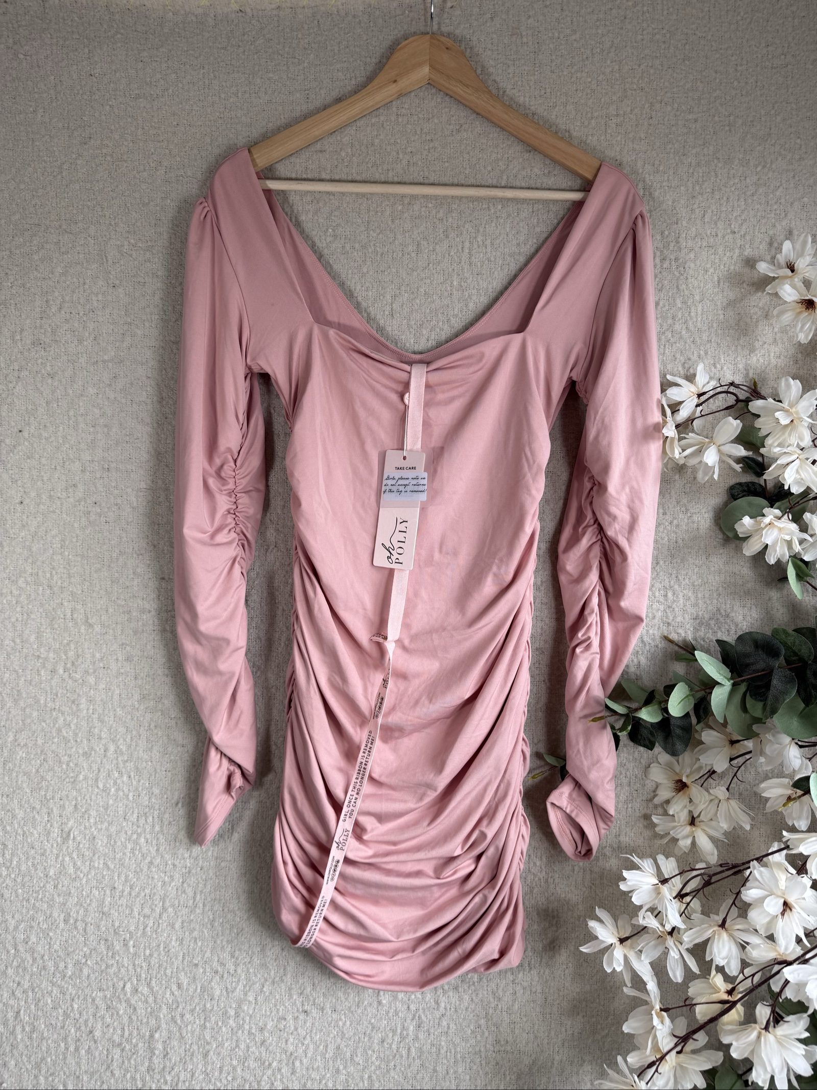 Oh Polly Pink Ruched Long Sleeve Bodycon Dress UK 14 Soft Stretch Fabric