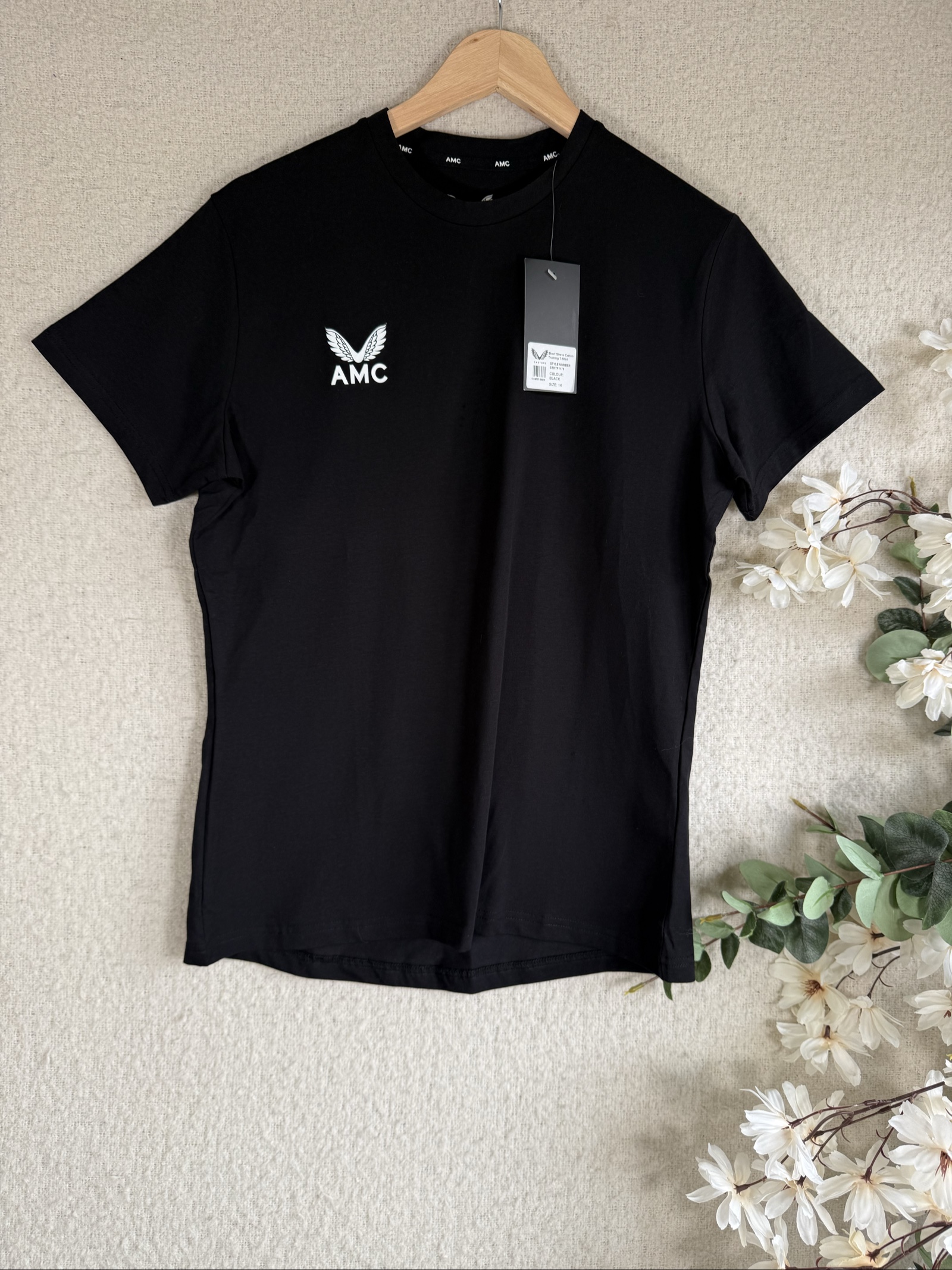 Castore Black Cotton Stretch T-Shirt AMC Logo UK 14 Classic Fit Casual Tee