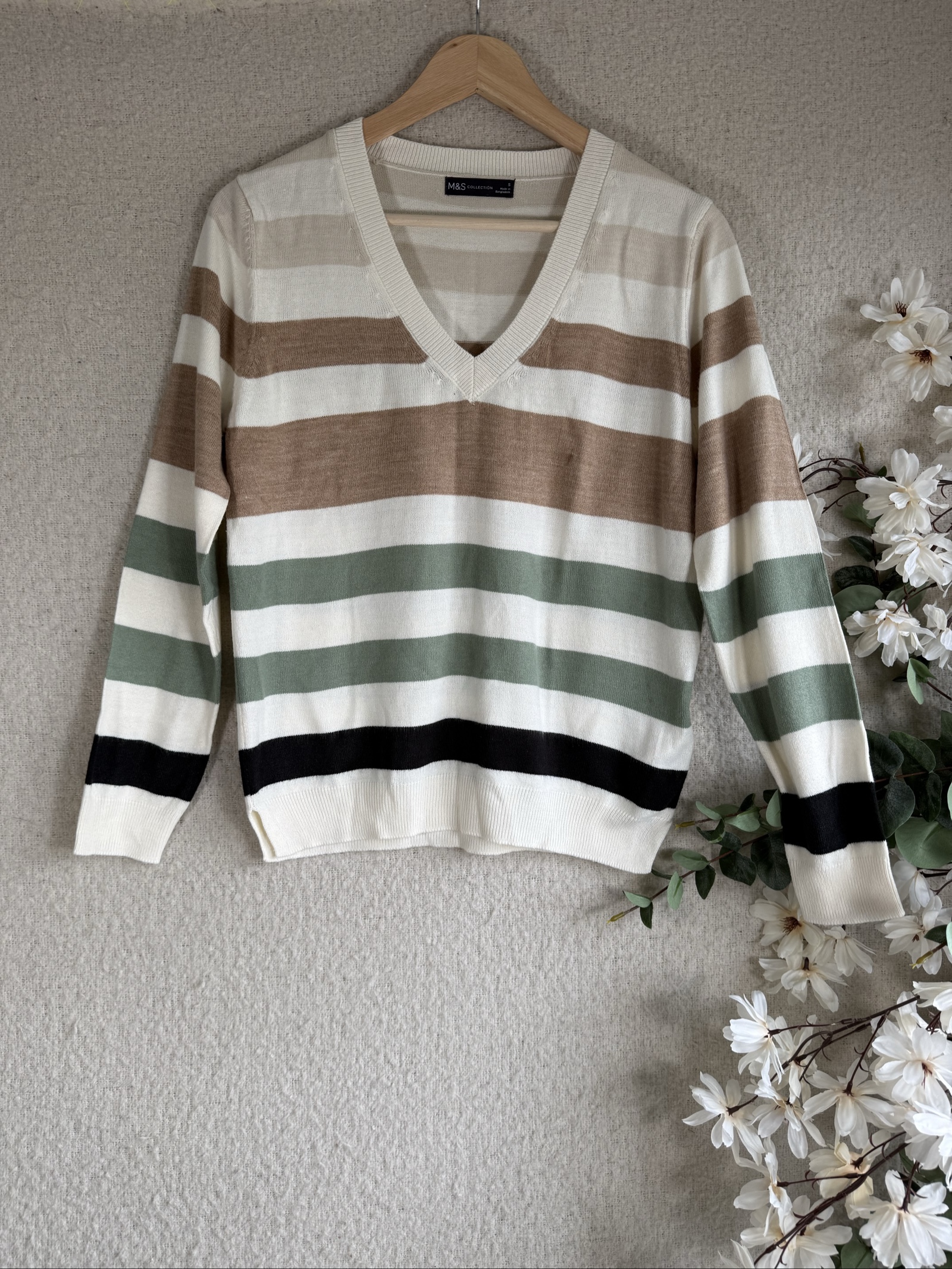 M&S Cream Mix Striped Cotton V-Neck Jumper Small Stylish Casual Knitwear