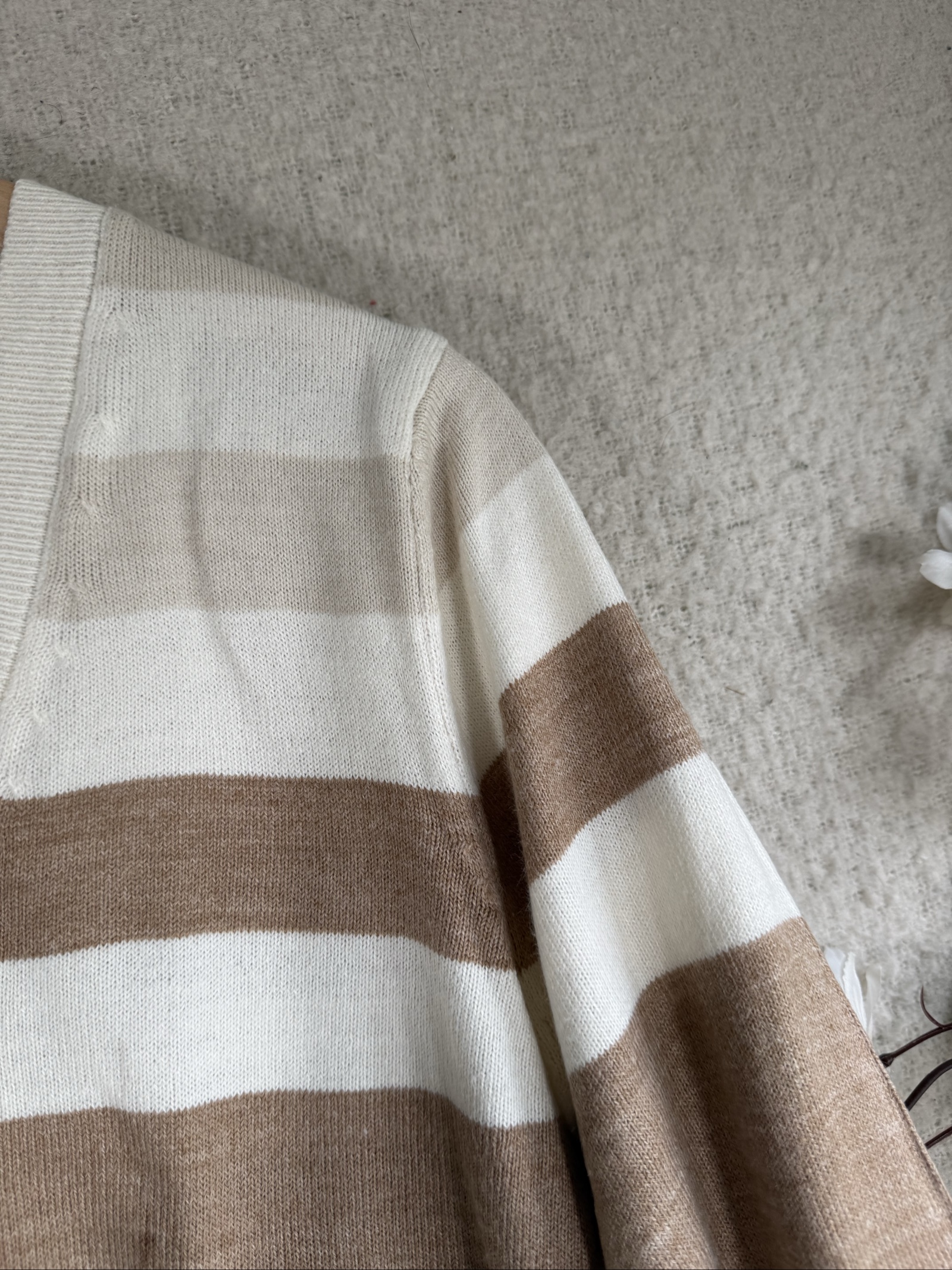 M&S Cream Mix Striped Cotton V-Neck Jumper Small Stylish Casual Knitwear image 3