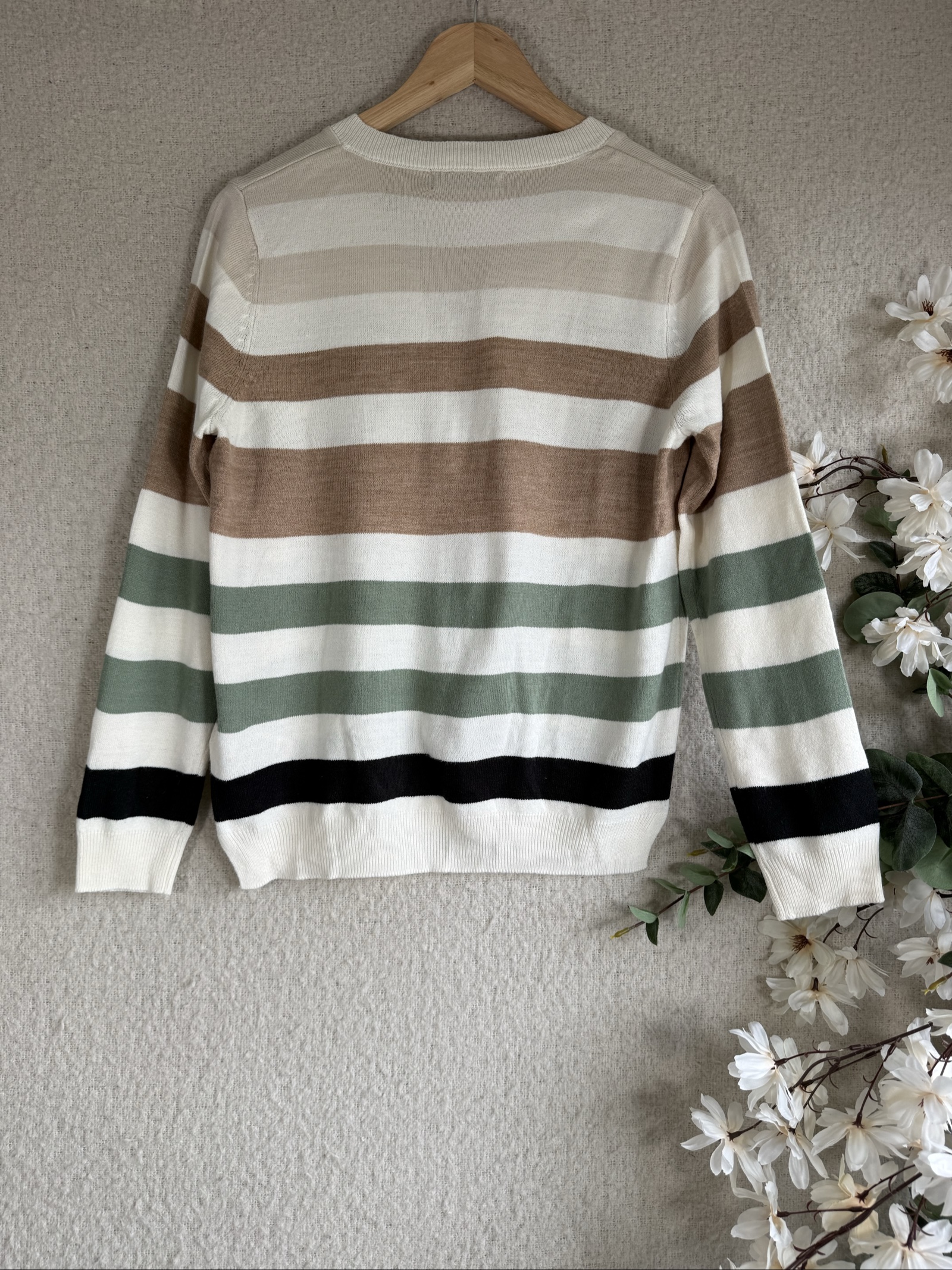 M&S Cream Mix Striped Cotton V-Neck Jumper Small Stylish Casual Knitwear image 4