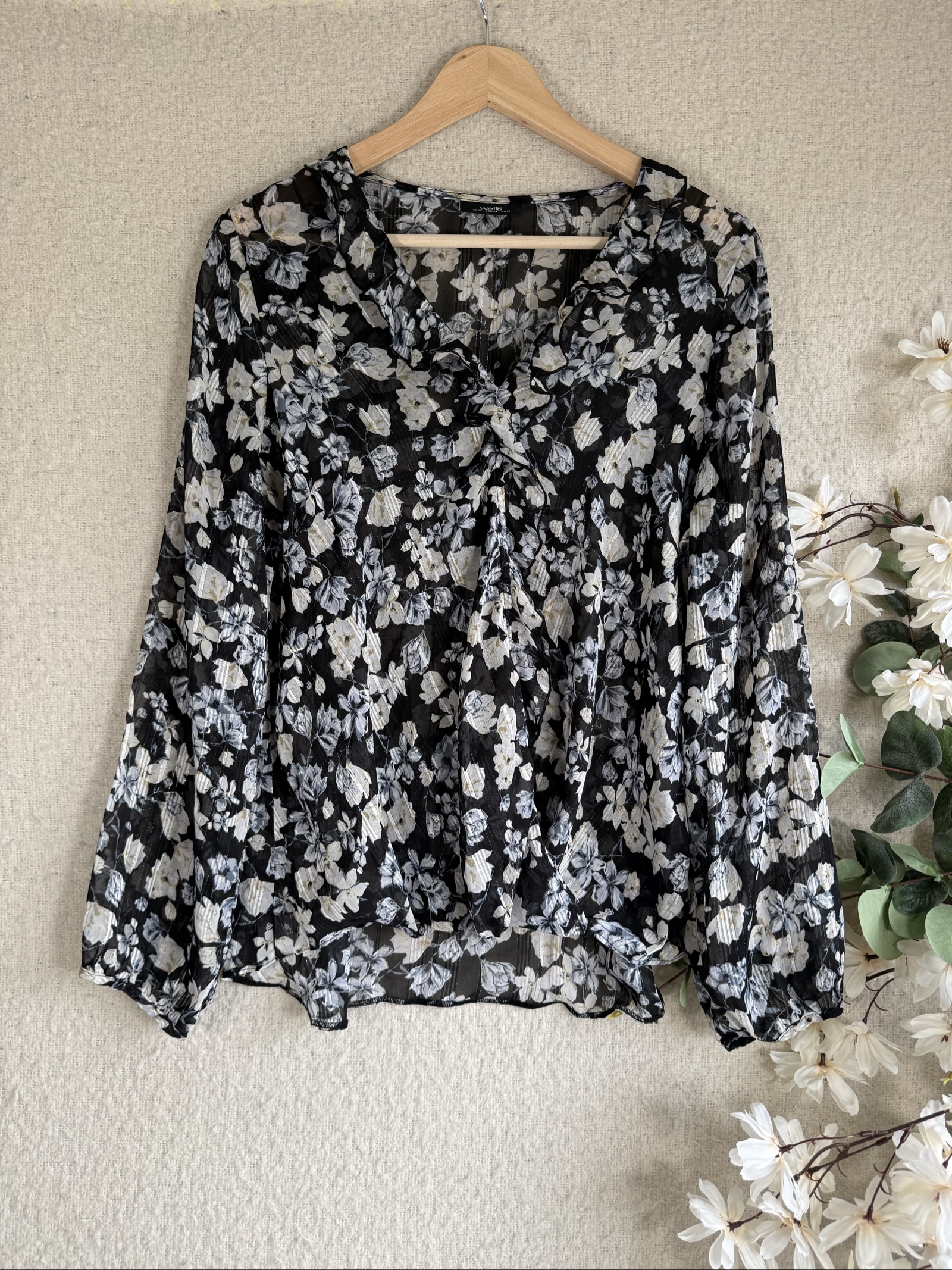 Wallis Black & White Floral Sheer Blouse UK 16 Tie Neck Lightweight Top