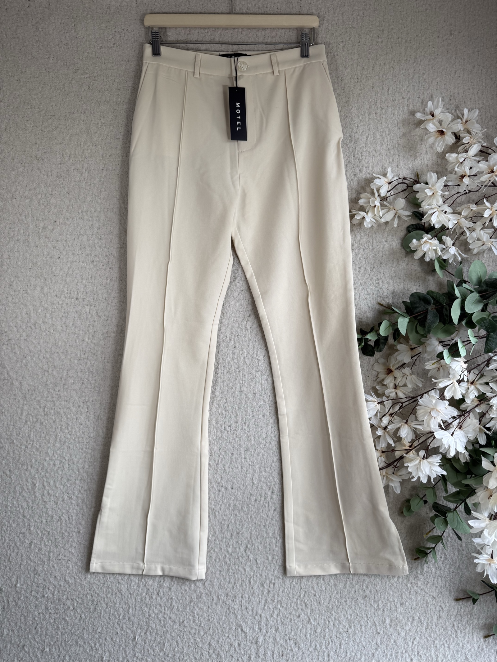 MOTEL Cream Tailored Flared Trousers UK Medium Cotton Blend Wide Leg Pants