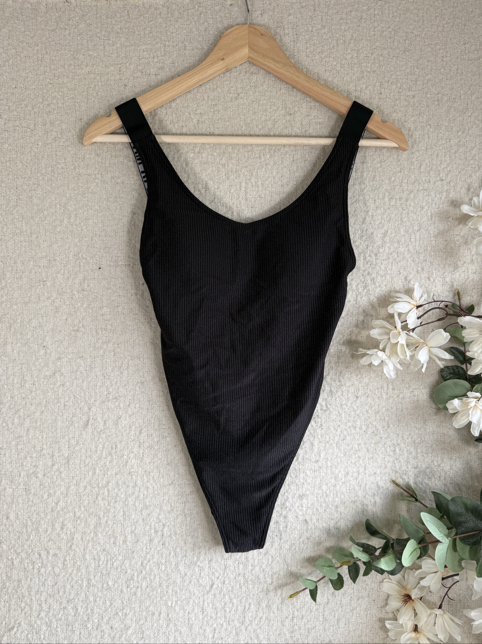 Calvin Klein Black Ribbed Cotton Blend Swimsuit XS Swimwear Chic Summer