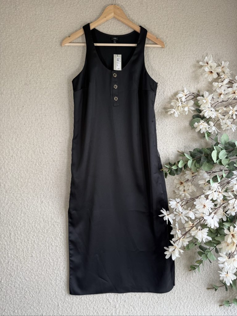 River Island Black Satin Midi Dress UK 8 Sleeveless Button Detail 80s Style