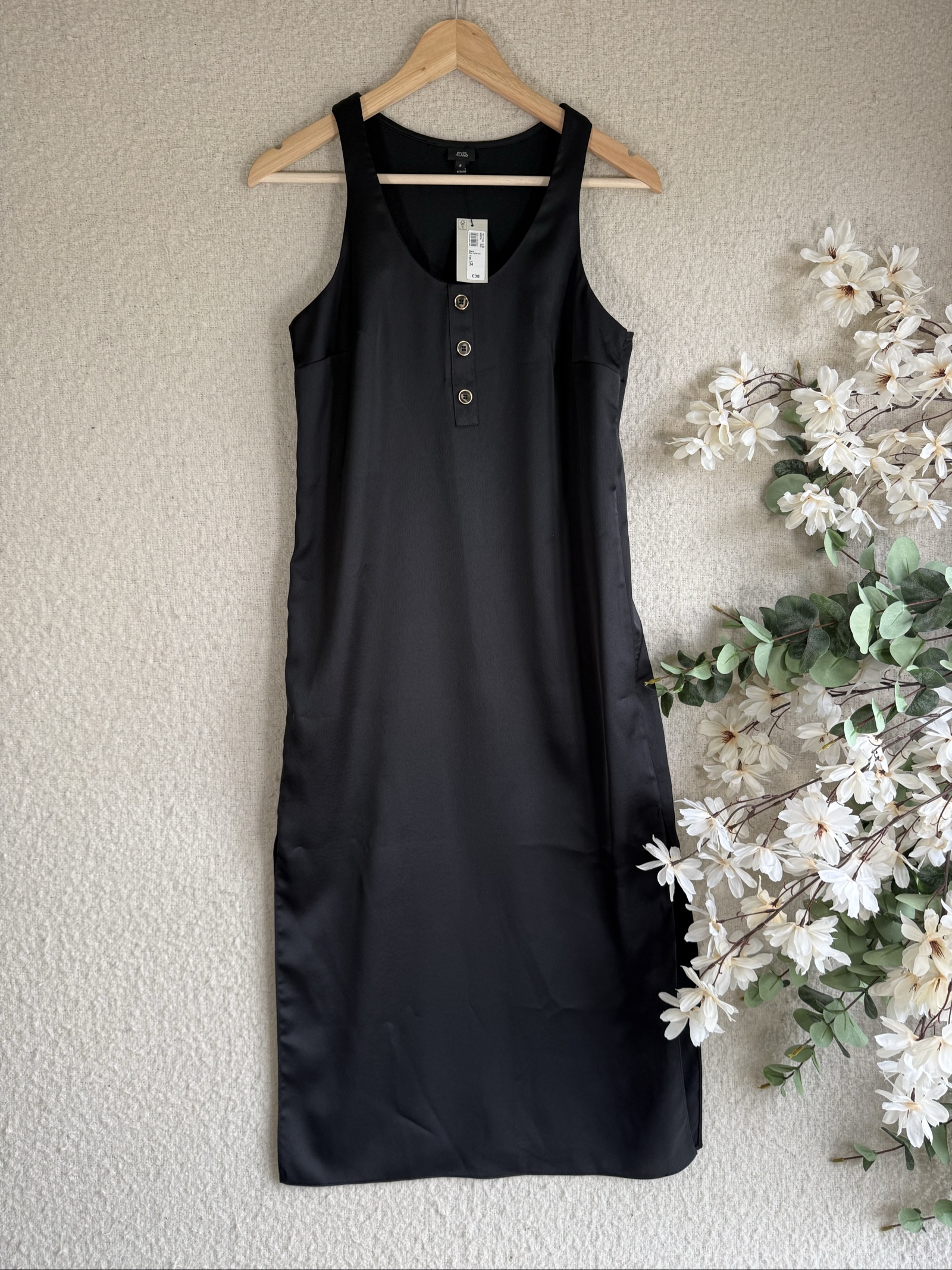 River Island Black Satin Midi Dress UK 8 Sleeveless Button Detail 80s Style