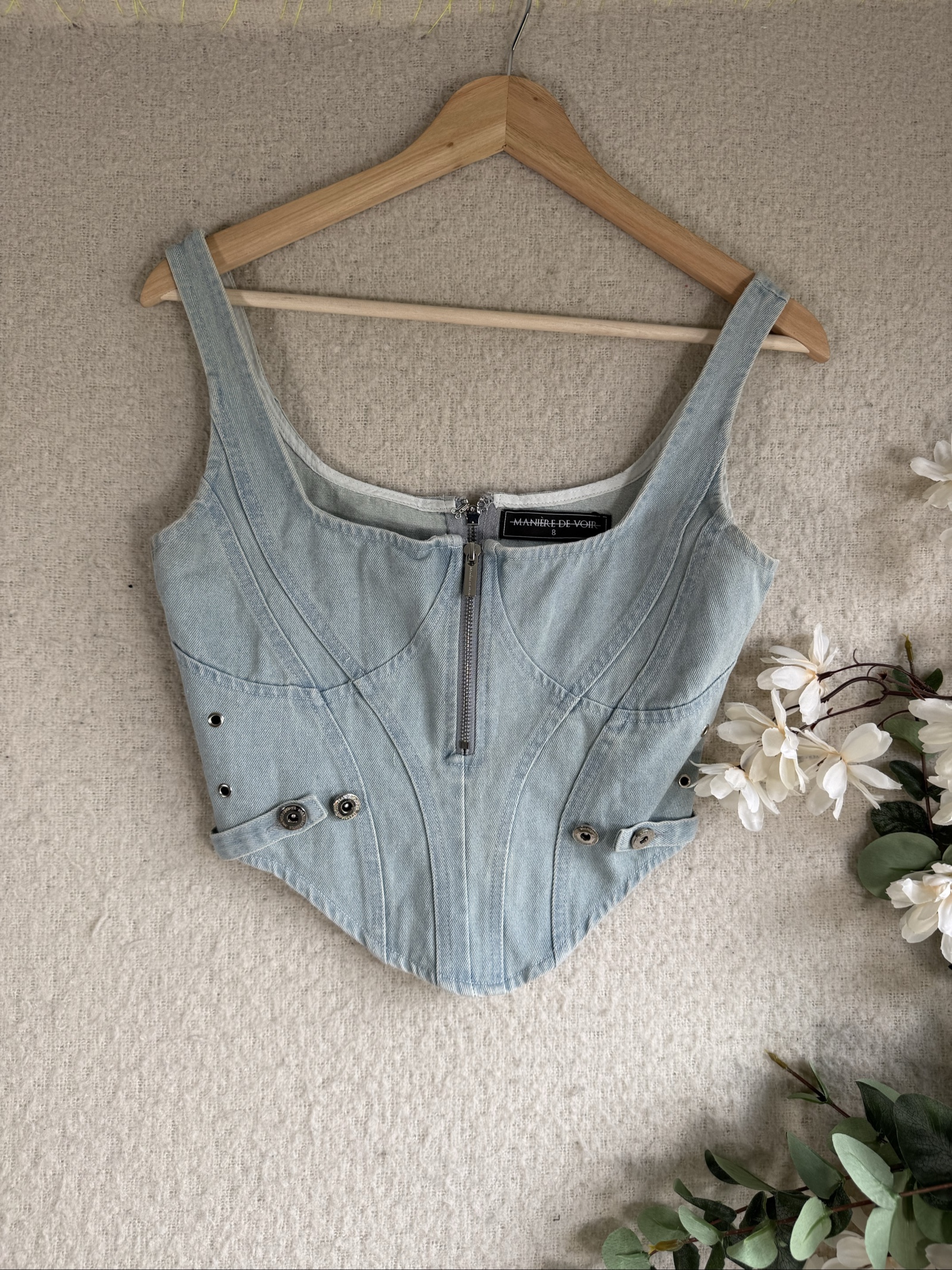 Maniere De Voir Light Blue Denim Corset Top UK 8 Vintage Style Zip Detail