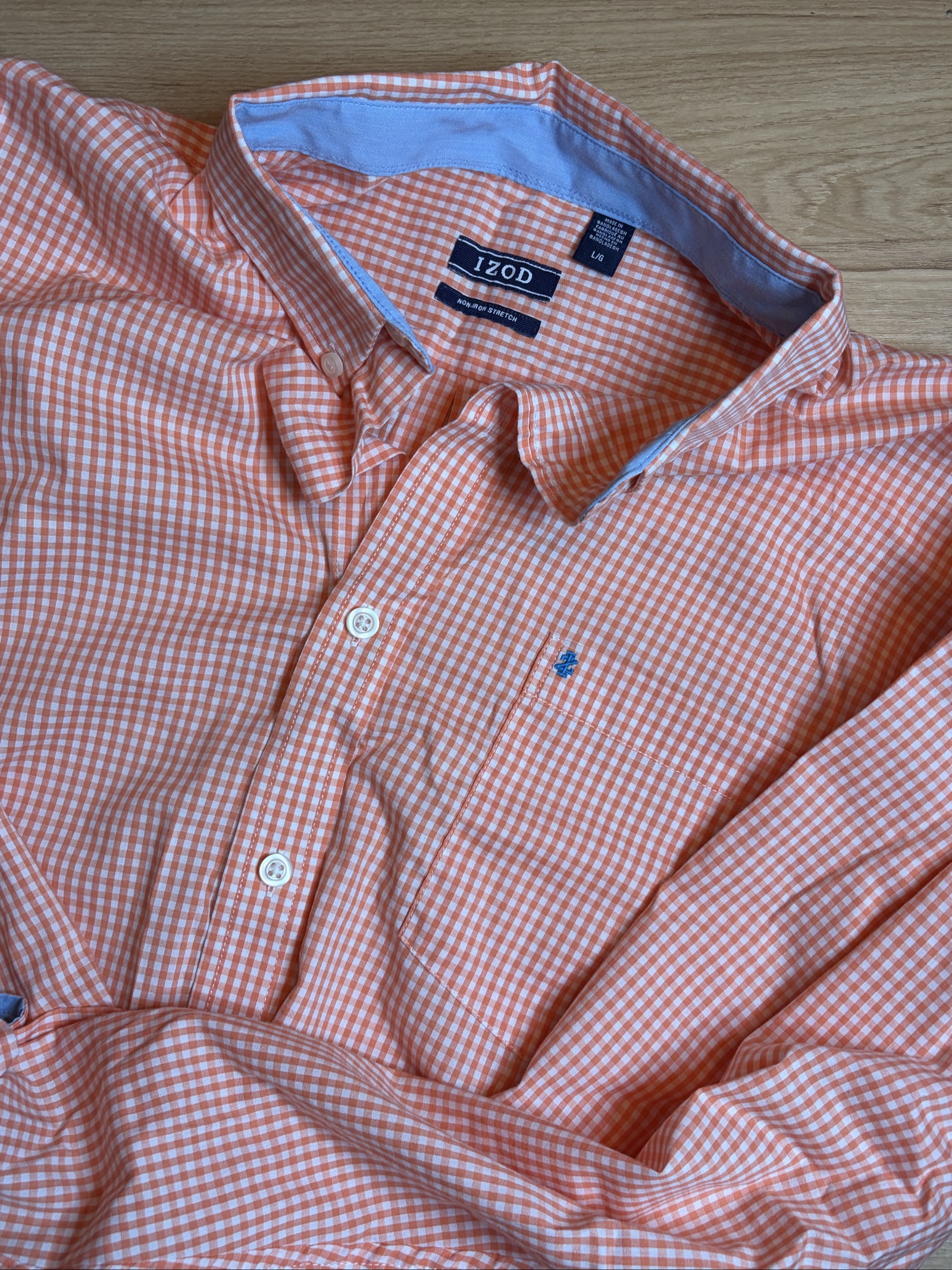 IZOD Orange & White Gingham Non-Iron Stretch Shirt Large