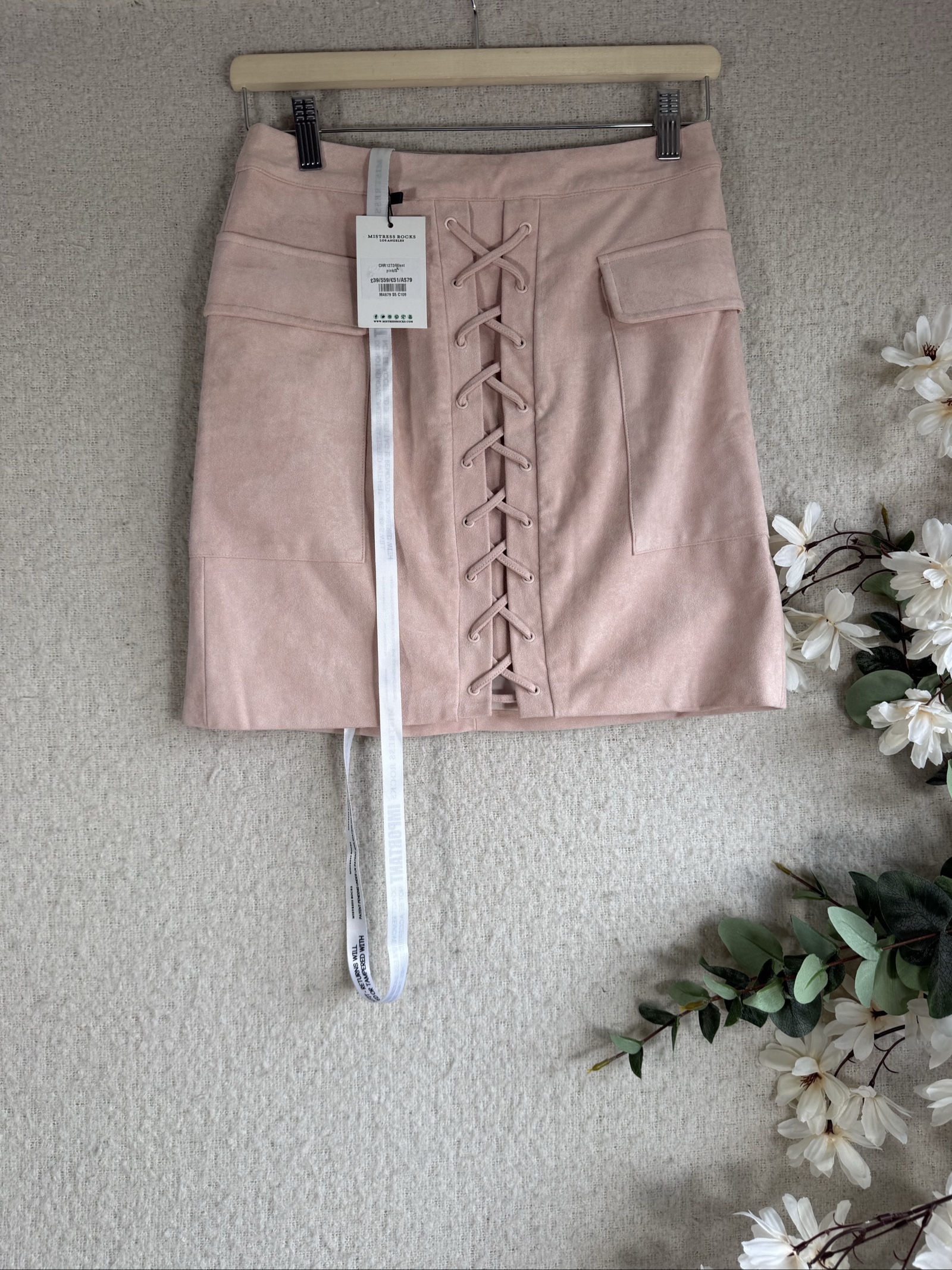 Mistress Rocks Pink Suede Lace Up Pocket Mini Skirt UK Small Stylish