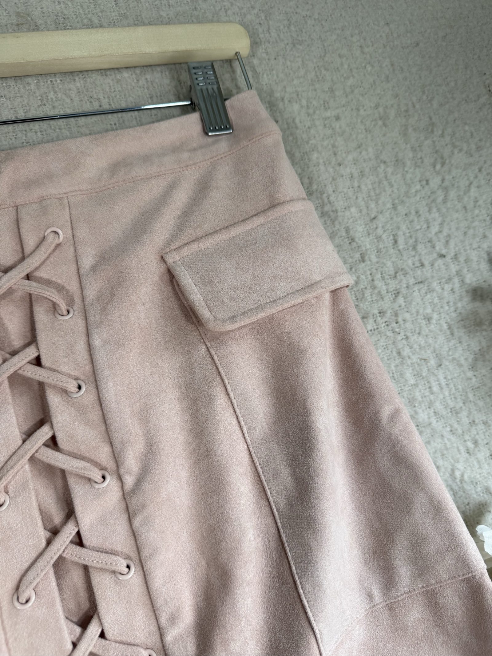 Mistress Rocks Pink Suede Lace Up Pocket Mini Skirt UK Small Stylish image 2