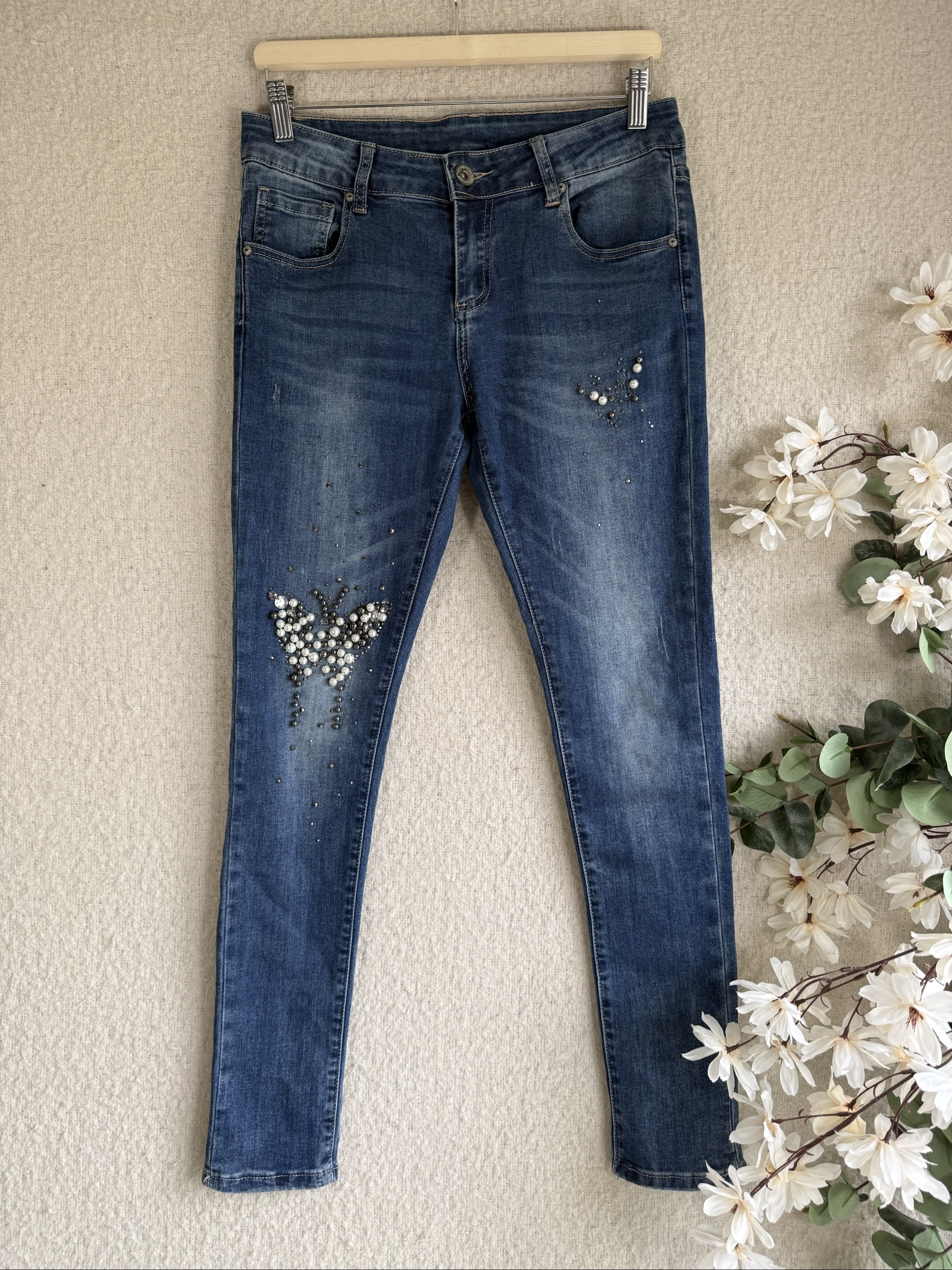 Medium Blue Denim Skinny Jeans Pearl Embellished UK M Stylish Detailed