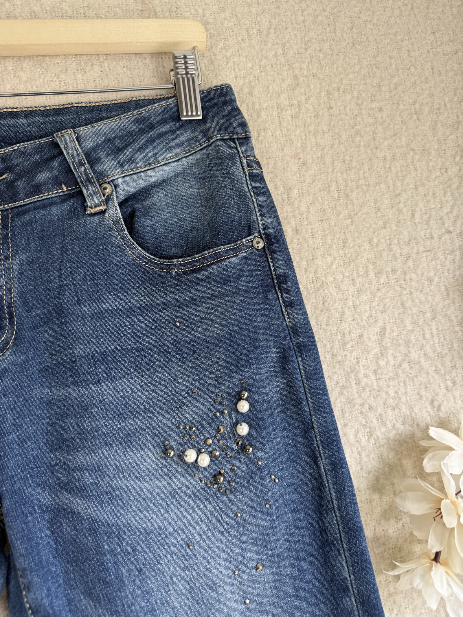 Medium Blue Denim Skinny Jeans Pearl Embellished UK M Stylish Detailed image 2