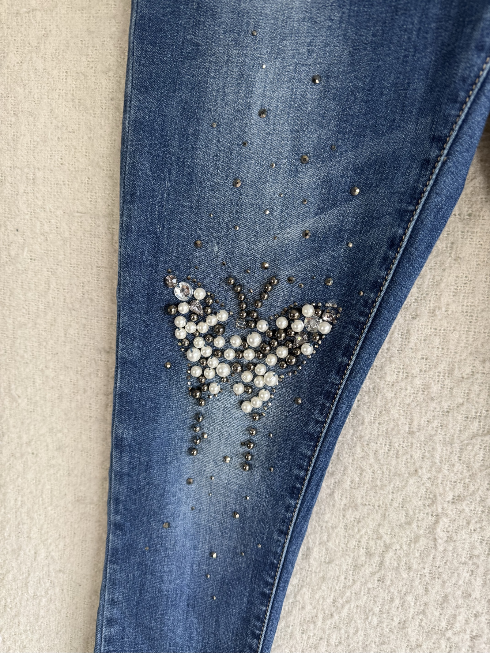Medium Blue Denim Skinny Jeans Pearl Embellished UK M Stylish Detailed image 3