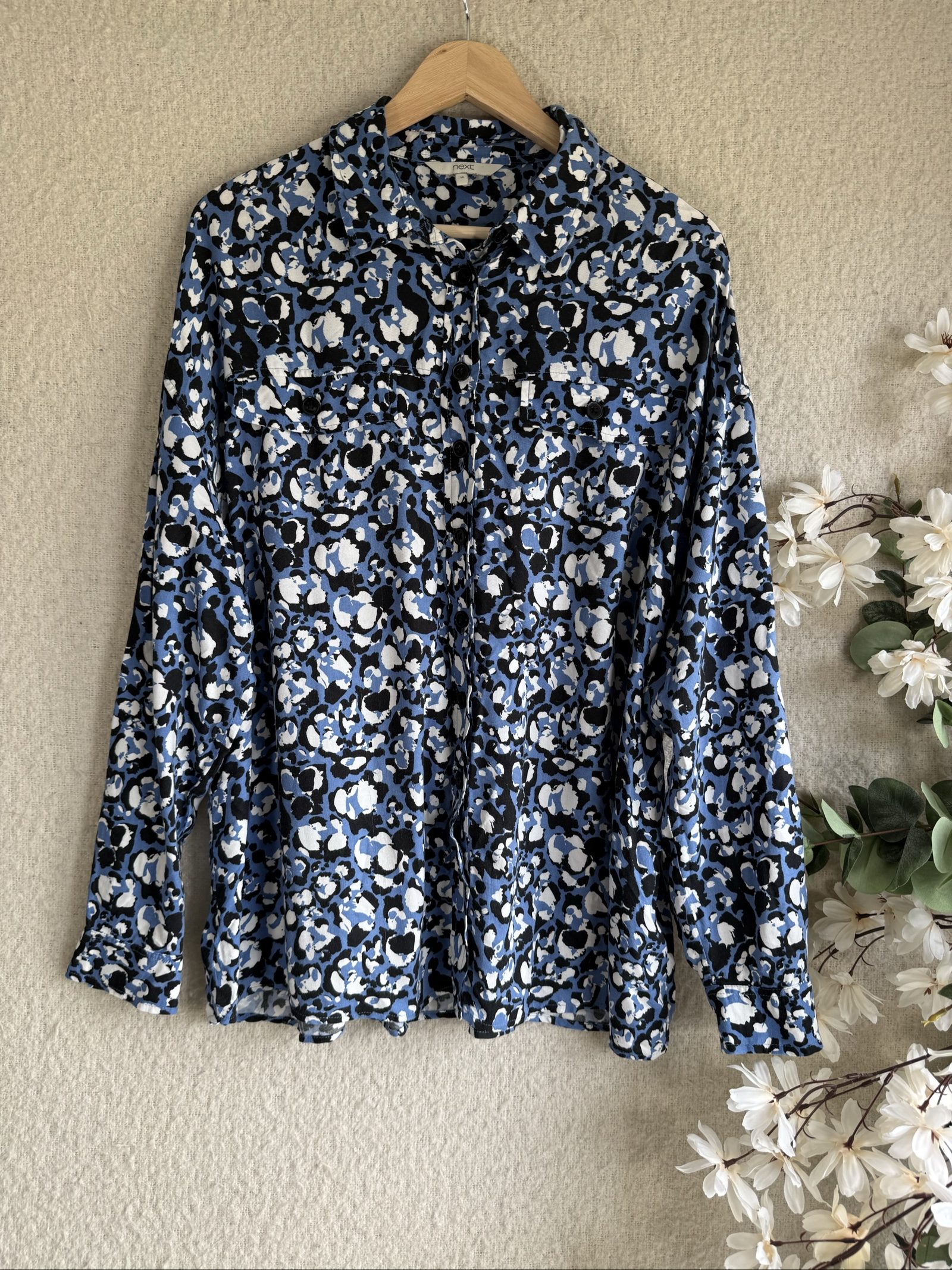 Next Blue Multi Floral Print Cotton Shirt UK 16 Relaxed Fit Long Sleeve