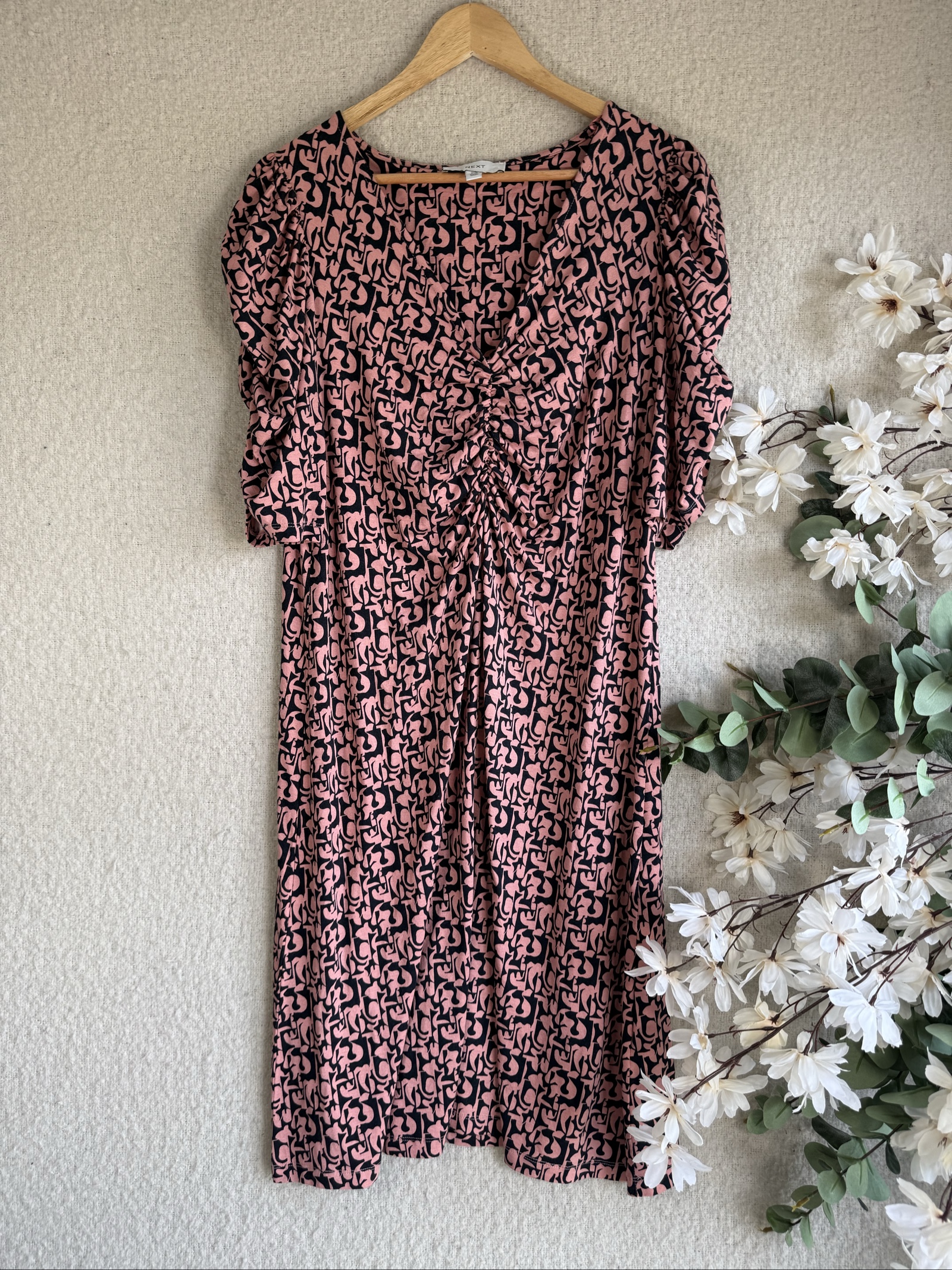 Next Pink & Black Patterned Viscose Dress UK 18 Elegant Ruched Detail