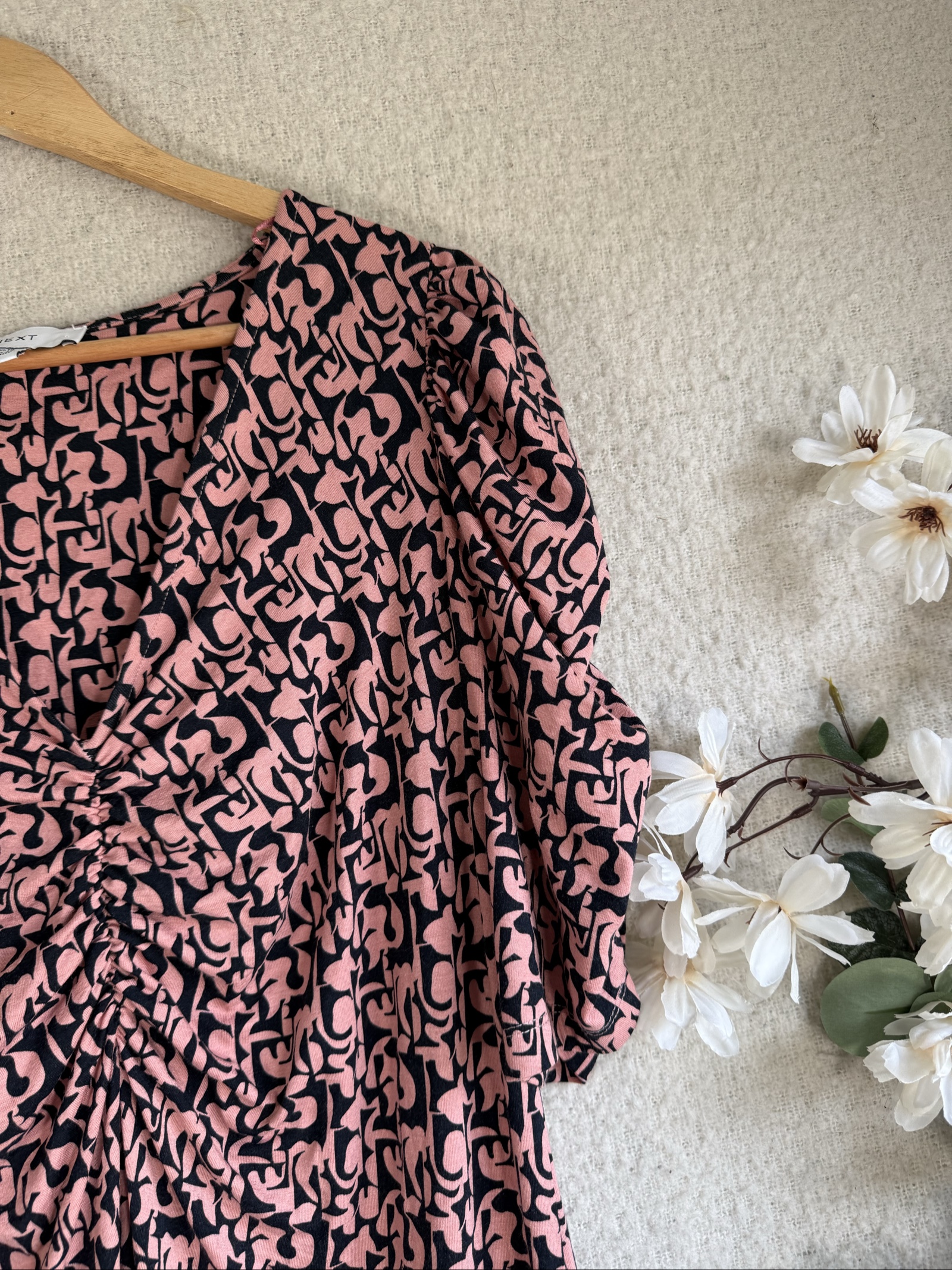 Next Pink & Black Patterned Viscose Dress UK 18 Elegant Ruched Detail image 2