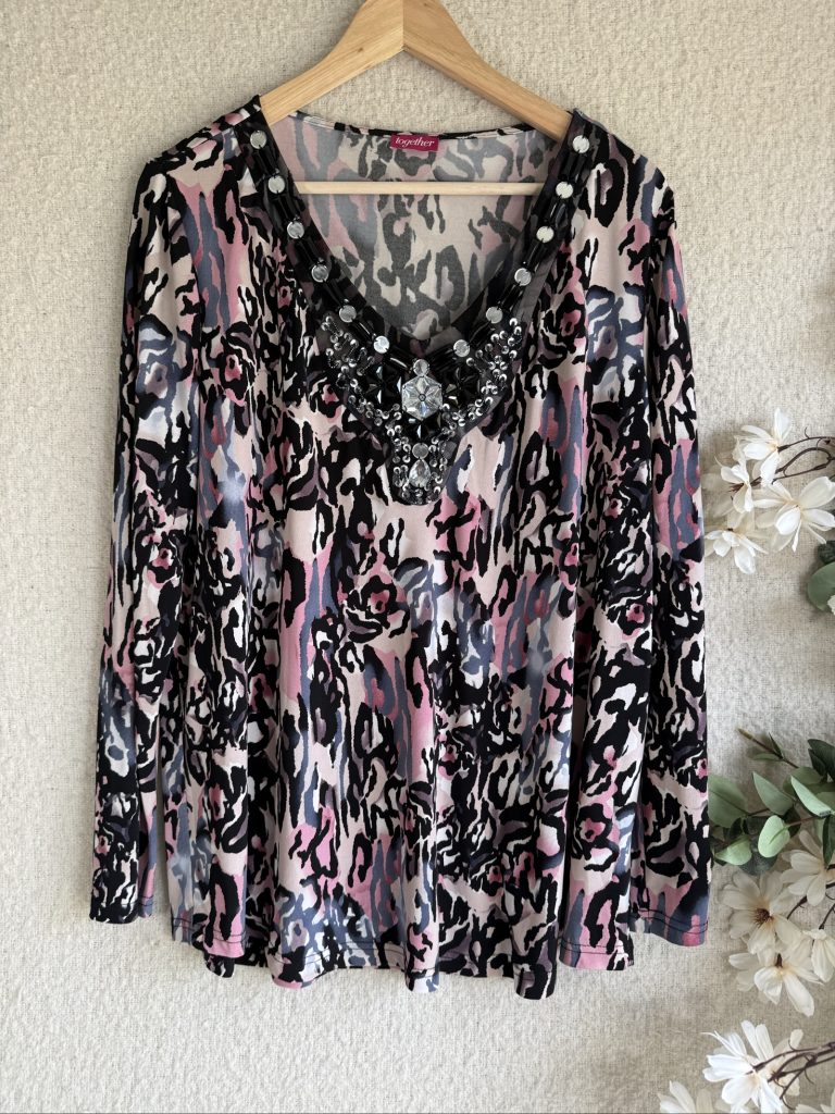 Together Pink Black Grey Patterned Embellished V-Neck UK Small Long Sleeve Top
