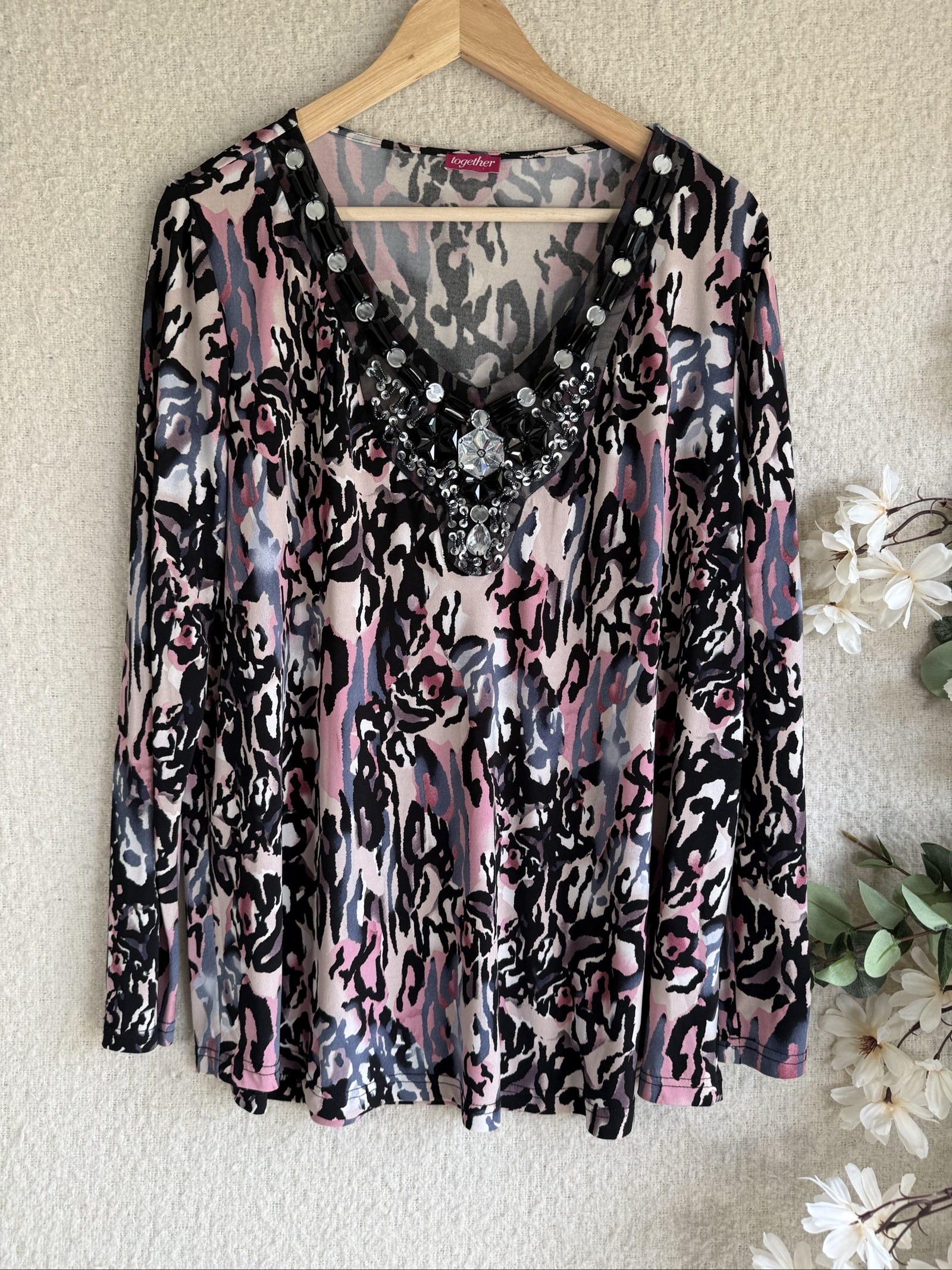 Together Pink Black Grey Patterned Embellished V-Neck UK Small Long Sleeve Top