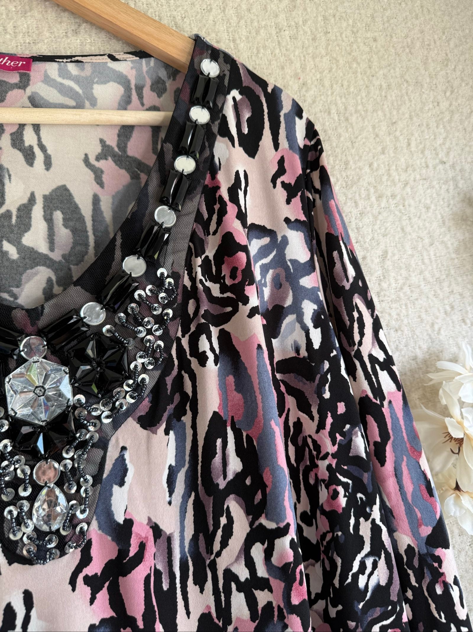 Together Pink Black Grey Patterned Embellished V-Neck UK Small Long Sleeve Top image 4