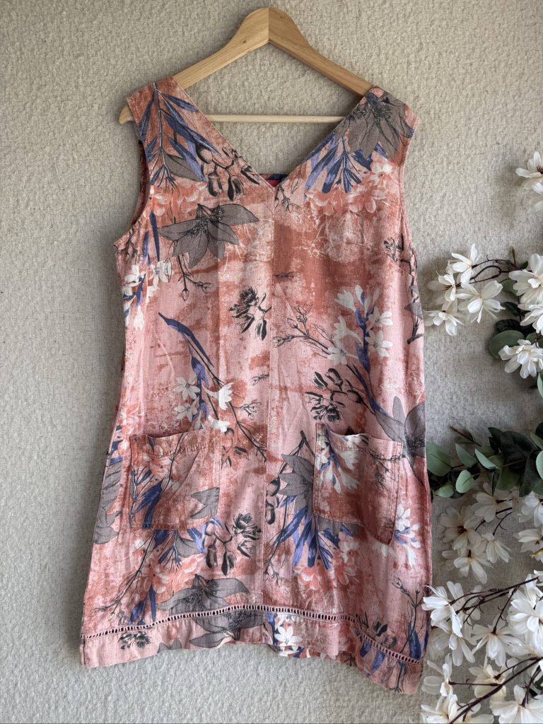 Next Pink Floral Linen Tunic Top UK 14 Sleeveless Summer Casual Pocket
