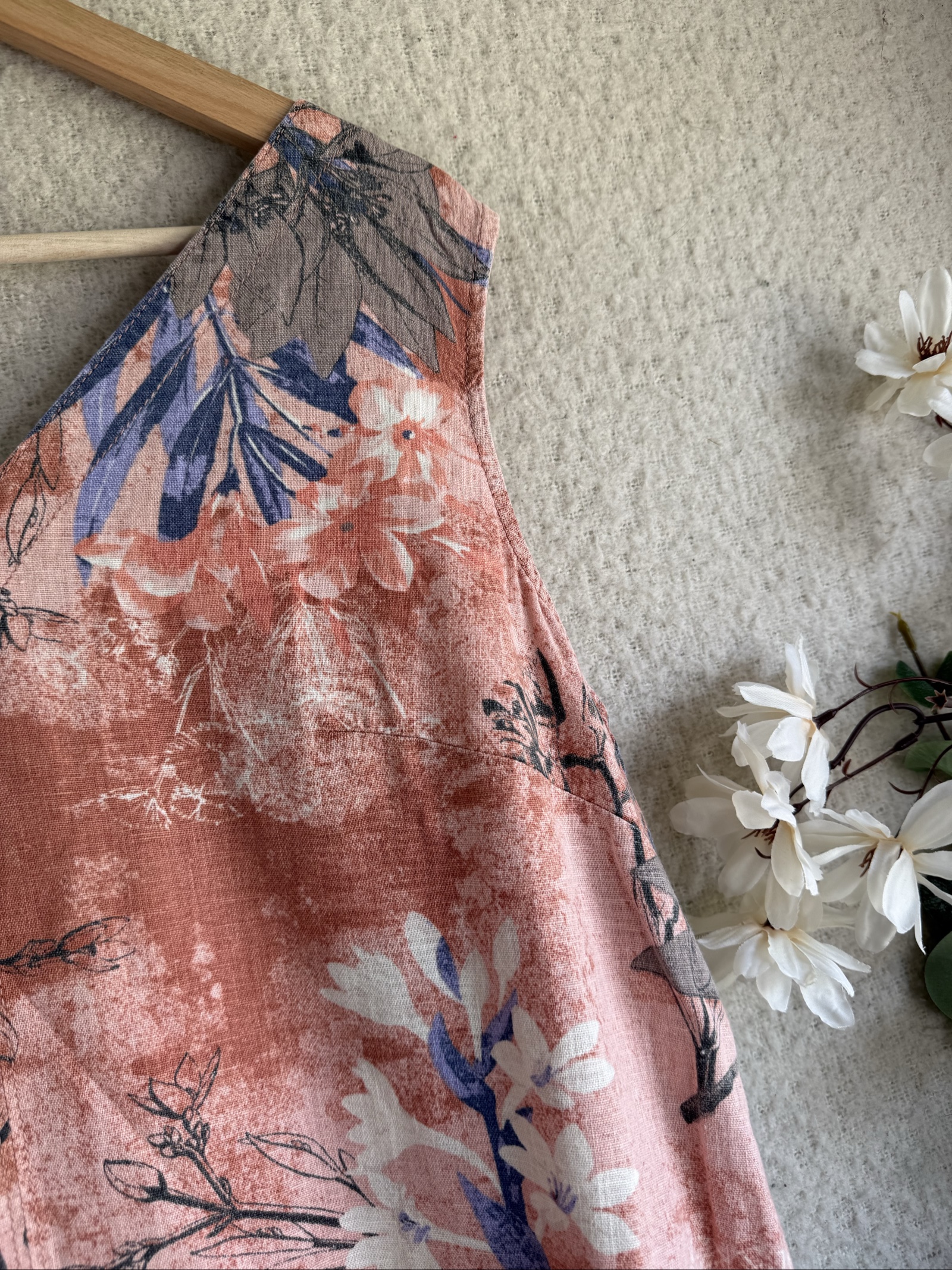 Next Pink Floral Linen Tunic Top UK 14 Sleeveless Summer Casual Pocket image 2