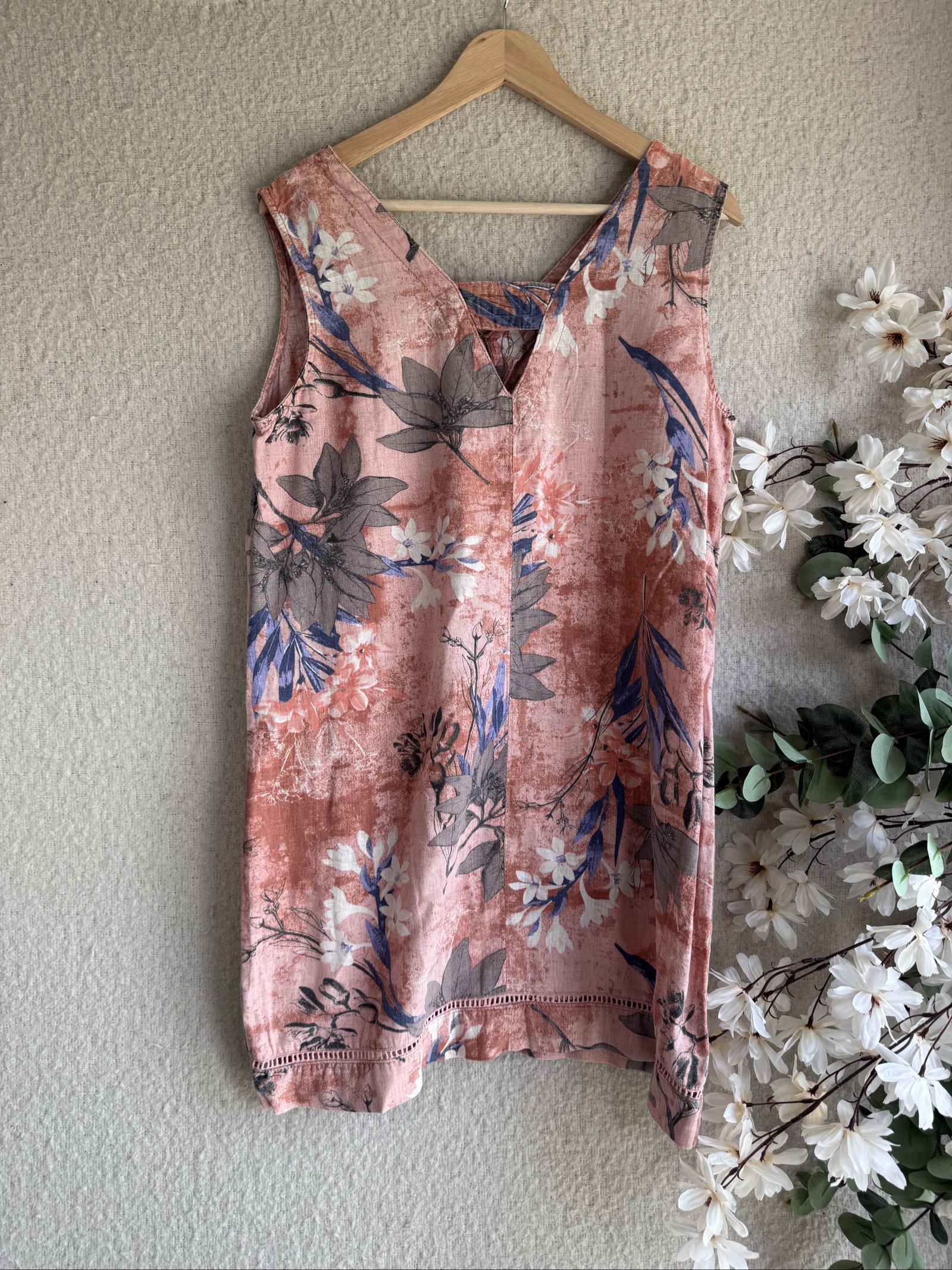 Next Pink Floral Linen Tunic Top UK 14 Sleeveless Summer Casual Pocket image 4