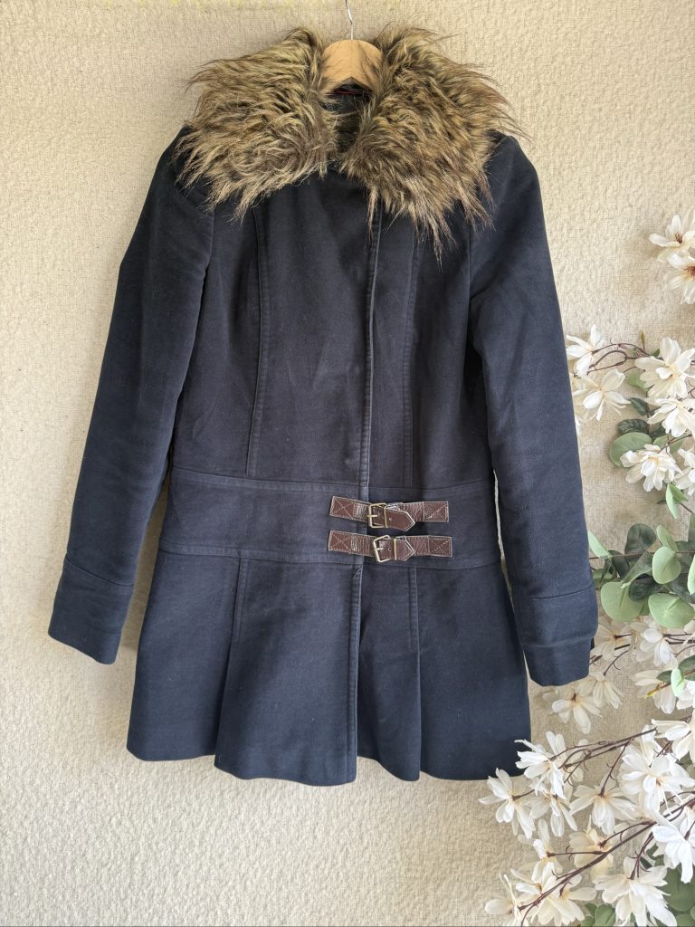 Next Black Cotton Coat with Faux Fur Collar UK 10 Stylish Winter Wear