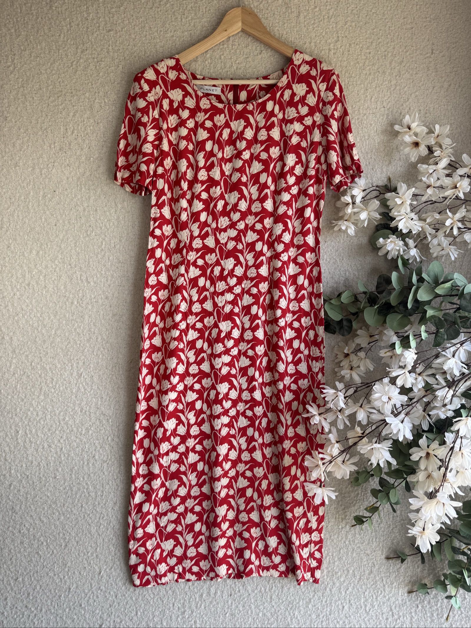 Planet Red & White Floral Viscose Dress UK 14 Puff Sleeve Summer Dress