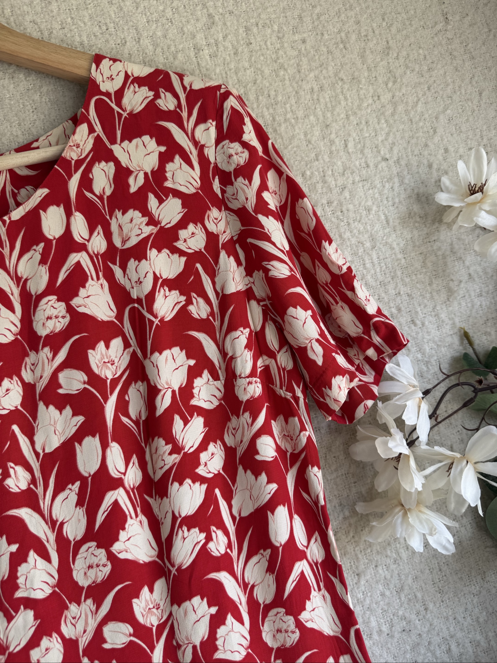 Planet Red & White Floral Viscose Dress UK 14 Puff Sleeve Summer Dress image 2