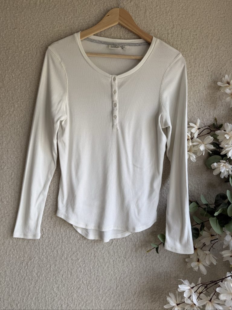 Joules White Cotton Ribbed Henley Long Sleeve Top UK 12 Casual Everyday