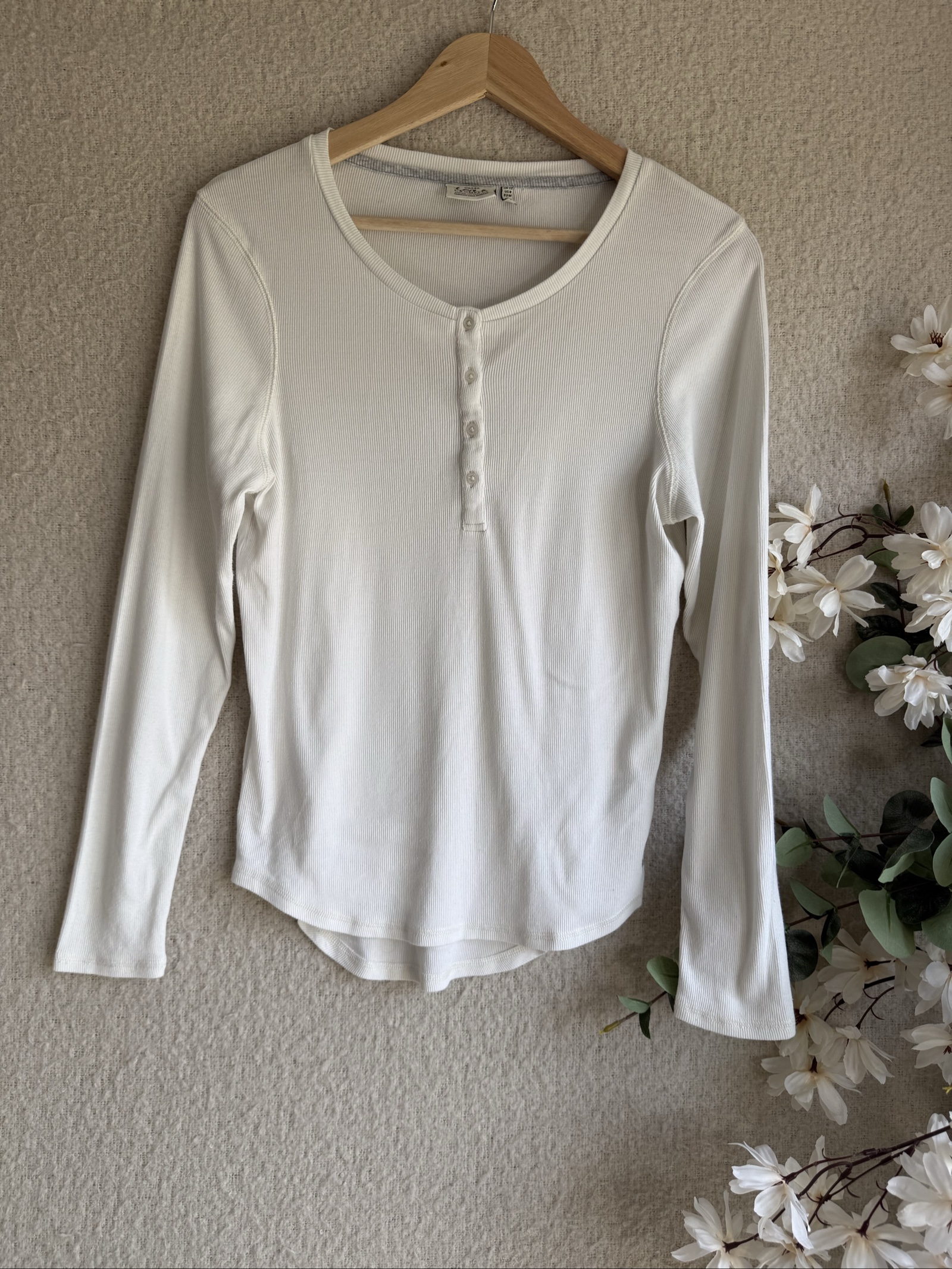 Joules White Cotton Ribbed Henley Long Sleeve Top UK 12 Casual Everyday