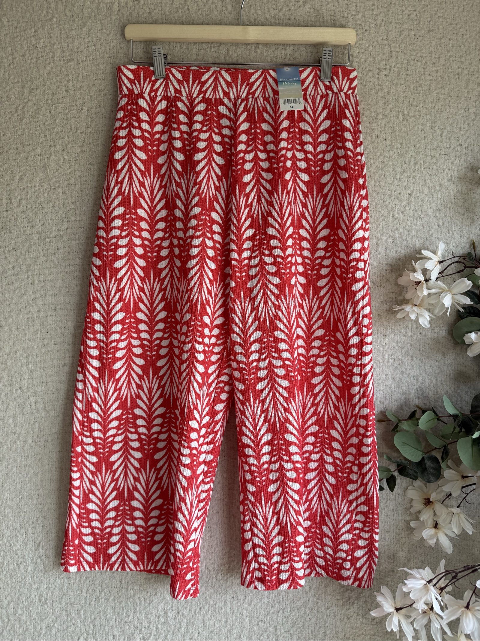 Bonmarché Red & White Printed Wide Leg Trousers UK 12 Textured Polyester