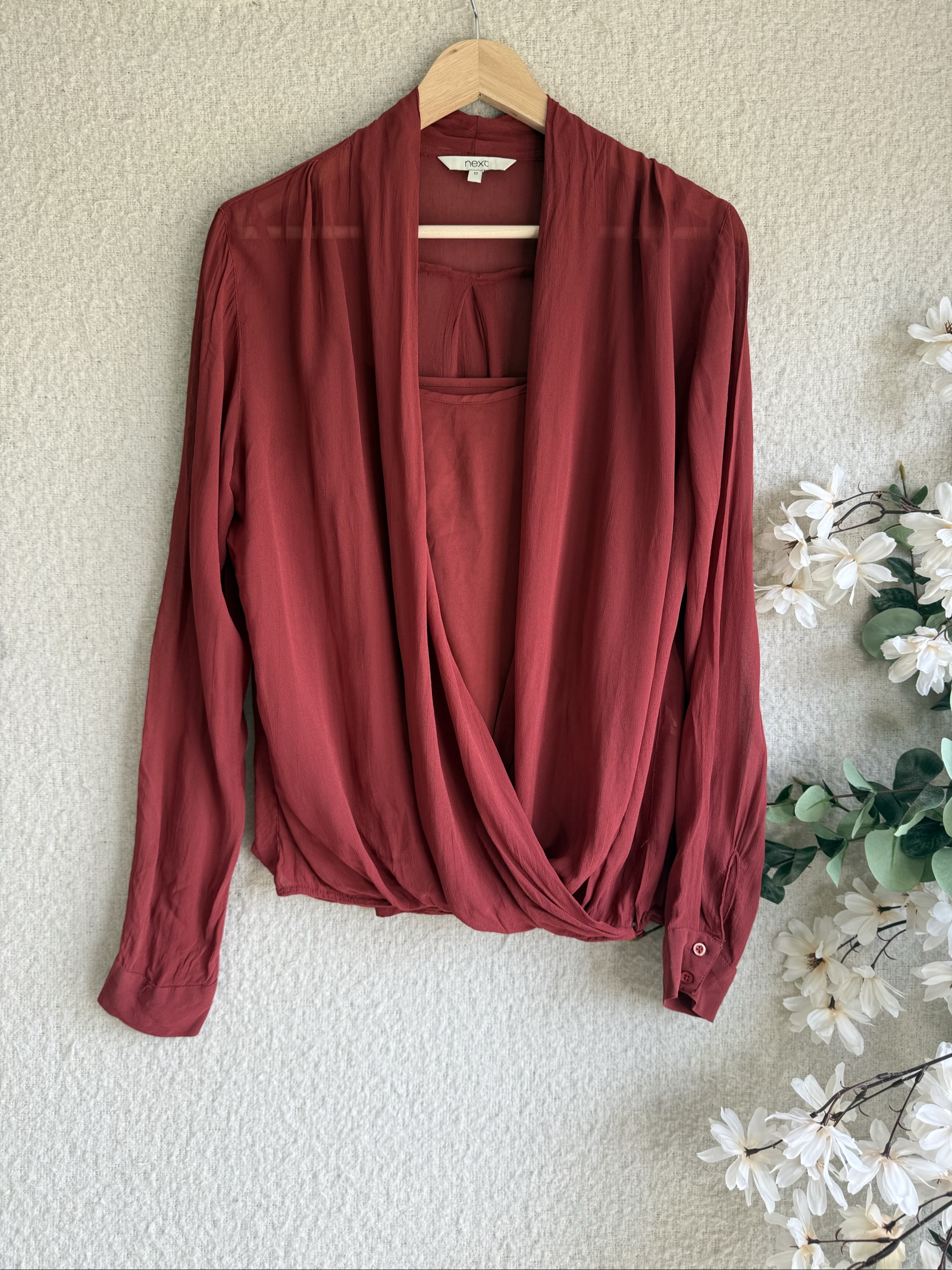 Next Rust Red Chiffon Blouse Size 12 Sheer Long Sleeve Lightweight Top