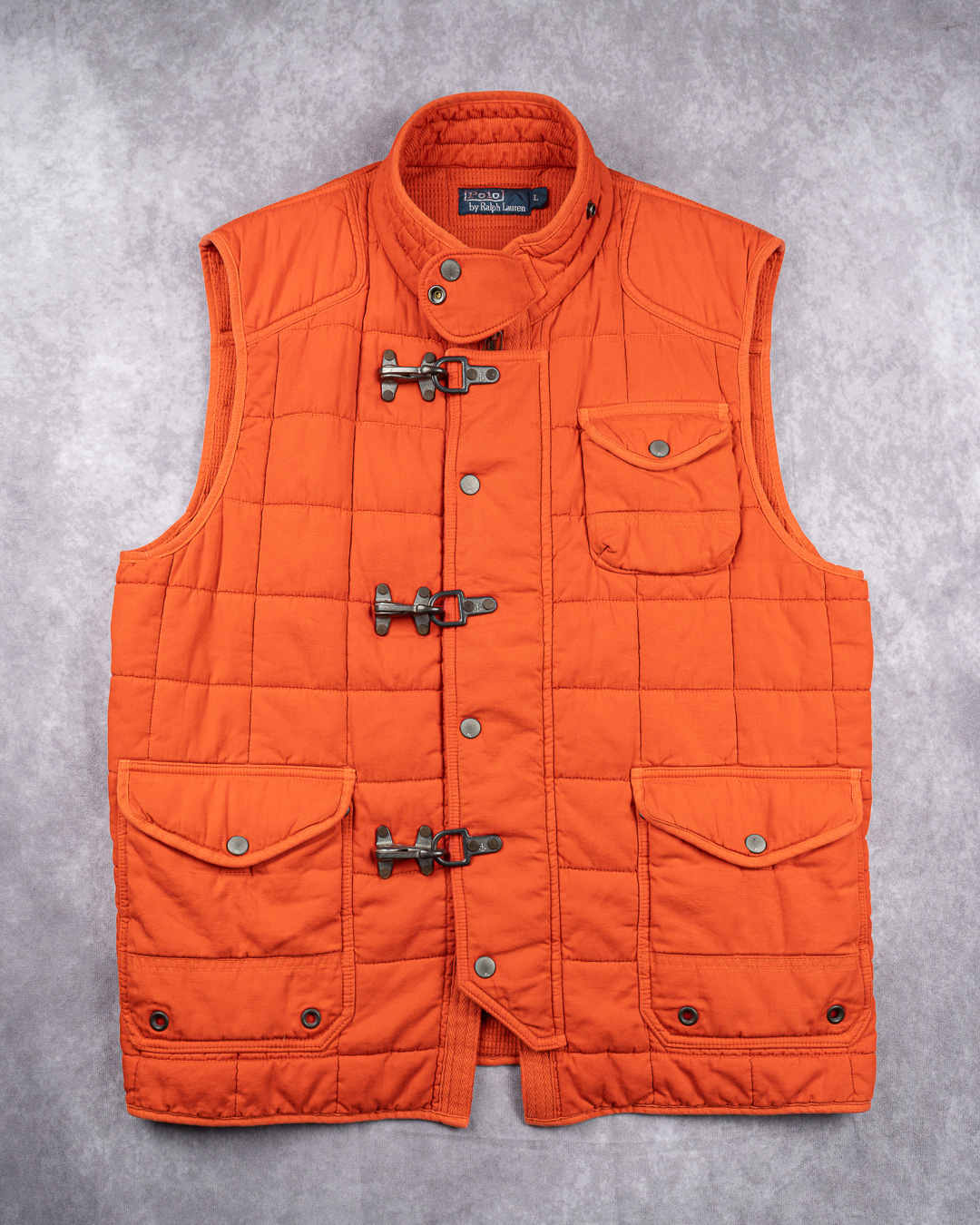 Vintage Polo by Ralph Lauren Orange Quilted Gilet Vest Metal Clasps - Large
