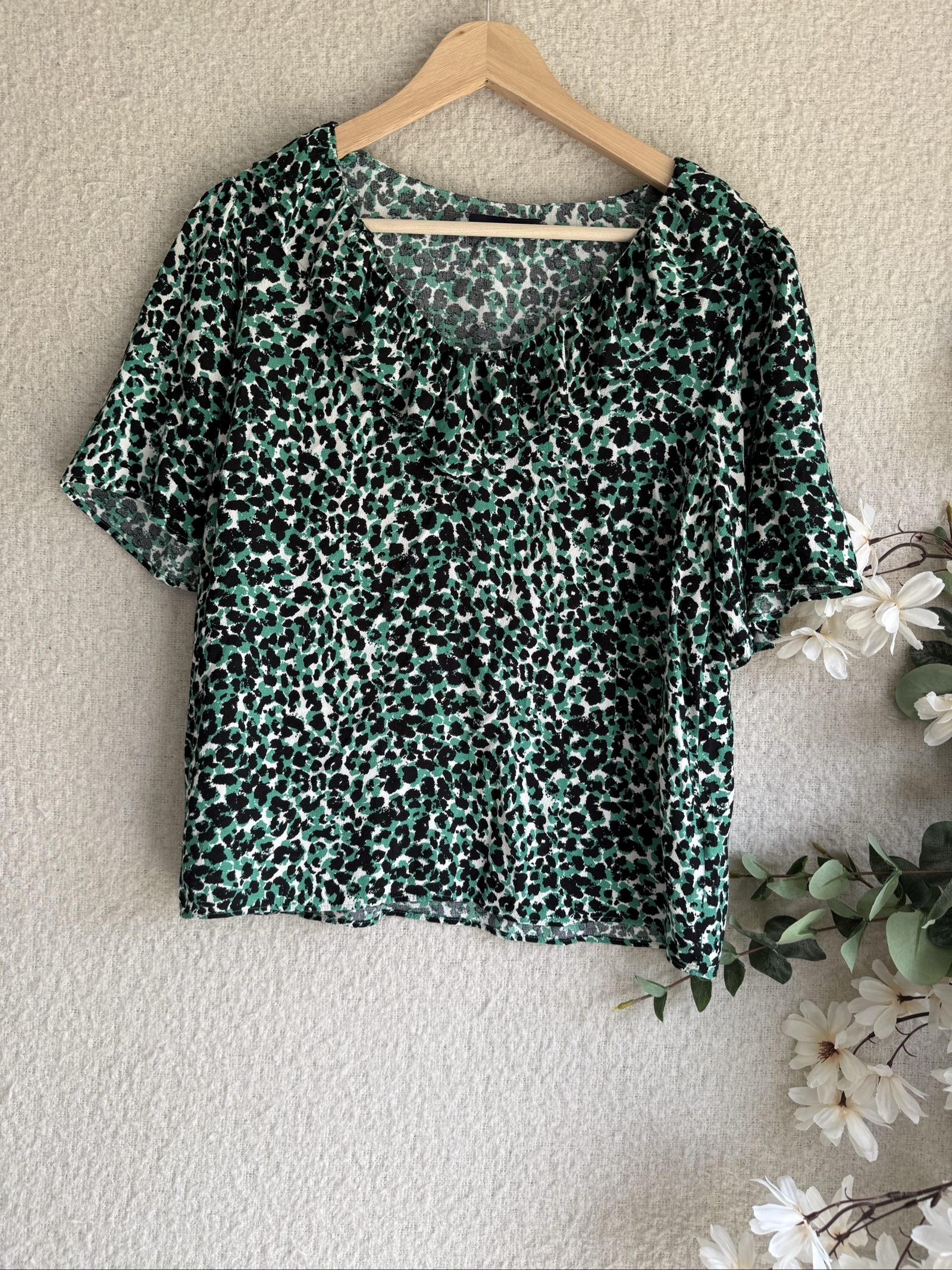 M&S Green & Black Animal Print Cotton Mix Top UK 12 Casual Summer Shirt