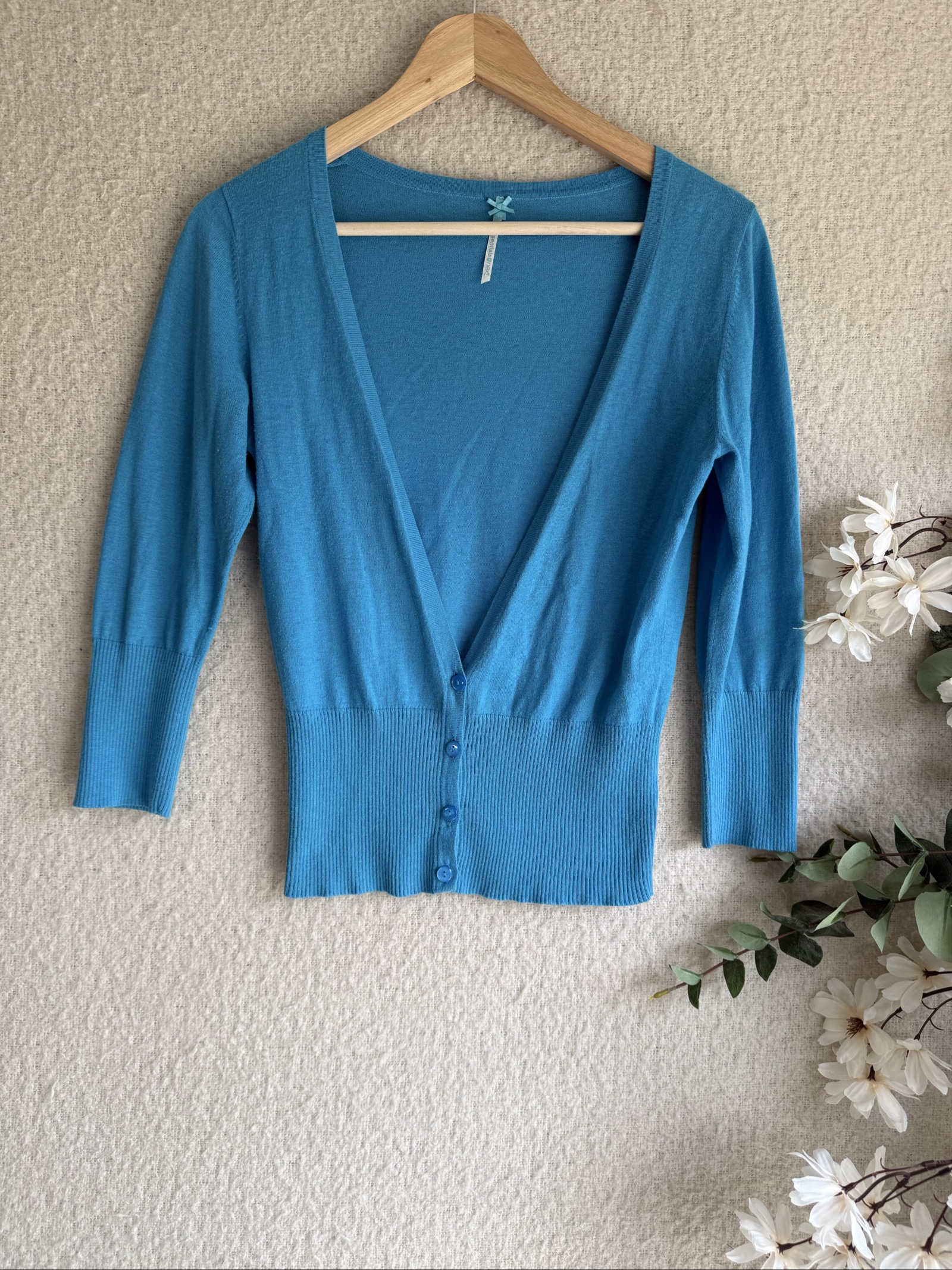 Next Blue Cotton Blend Button-Up Cardigan UK 12 Lightweight Ribbed Hem