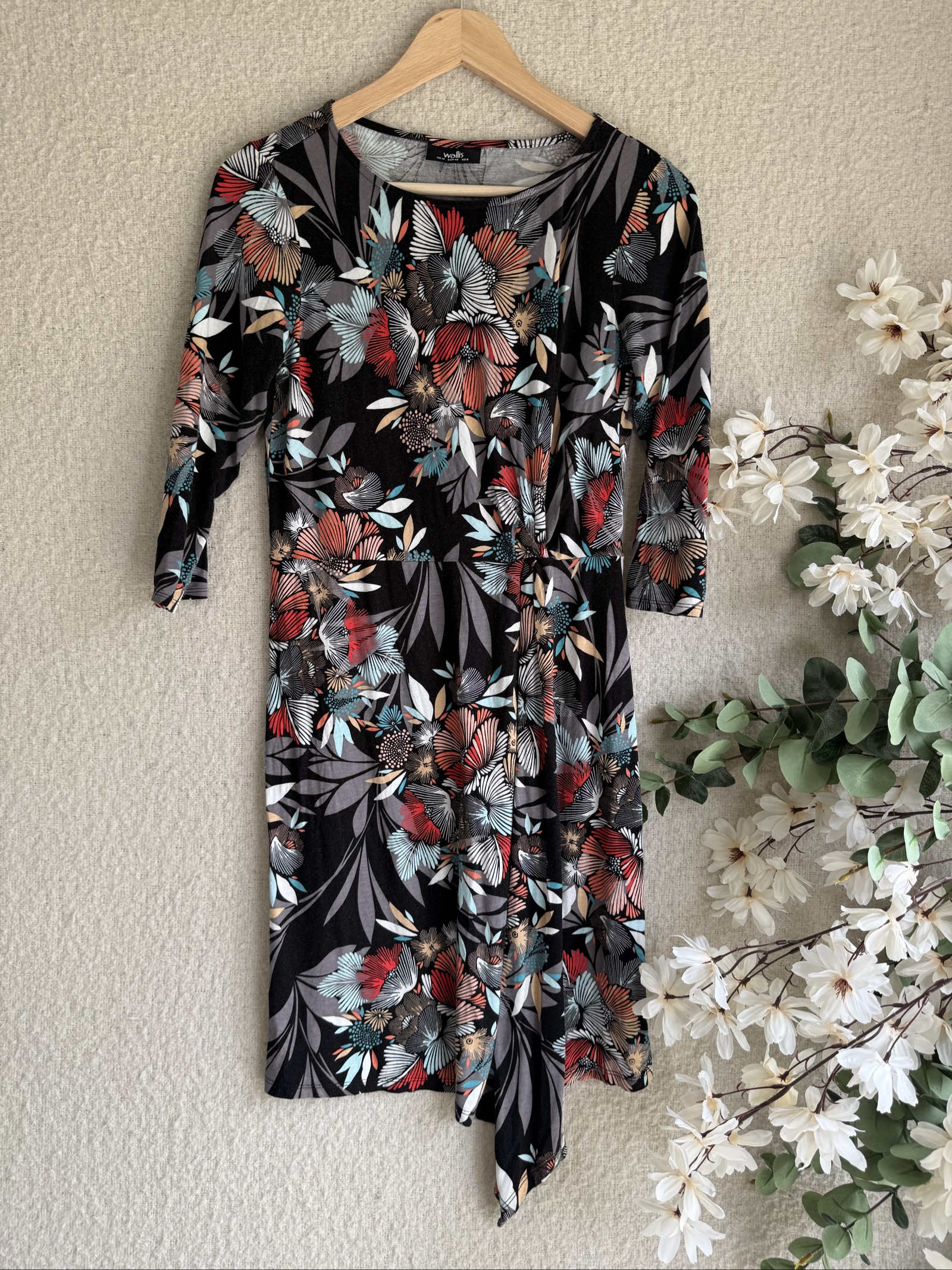 Wallis Black Floral Print Tie Waist Dress UK 12 Classic Floral Midi Dress
