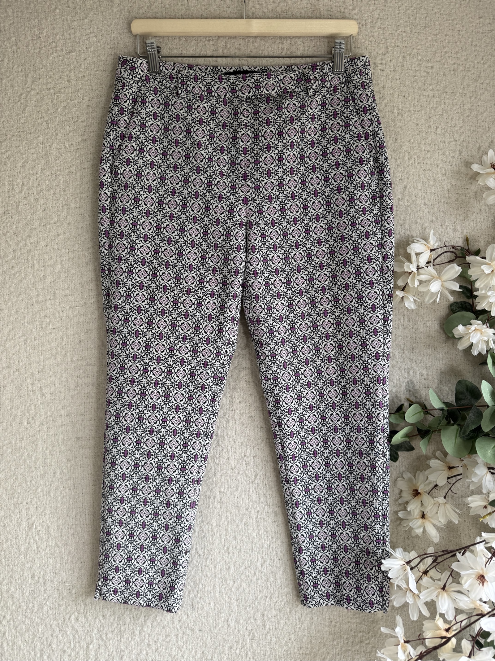 M&S Purple & Black Patterned Cotton Blend Trousers UK 12 Smart Casual Fit