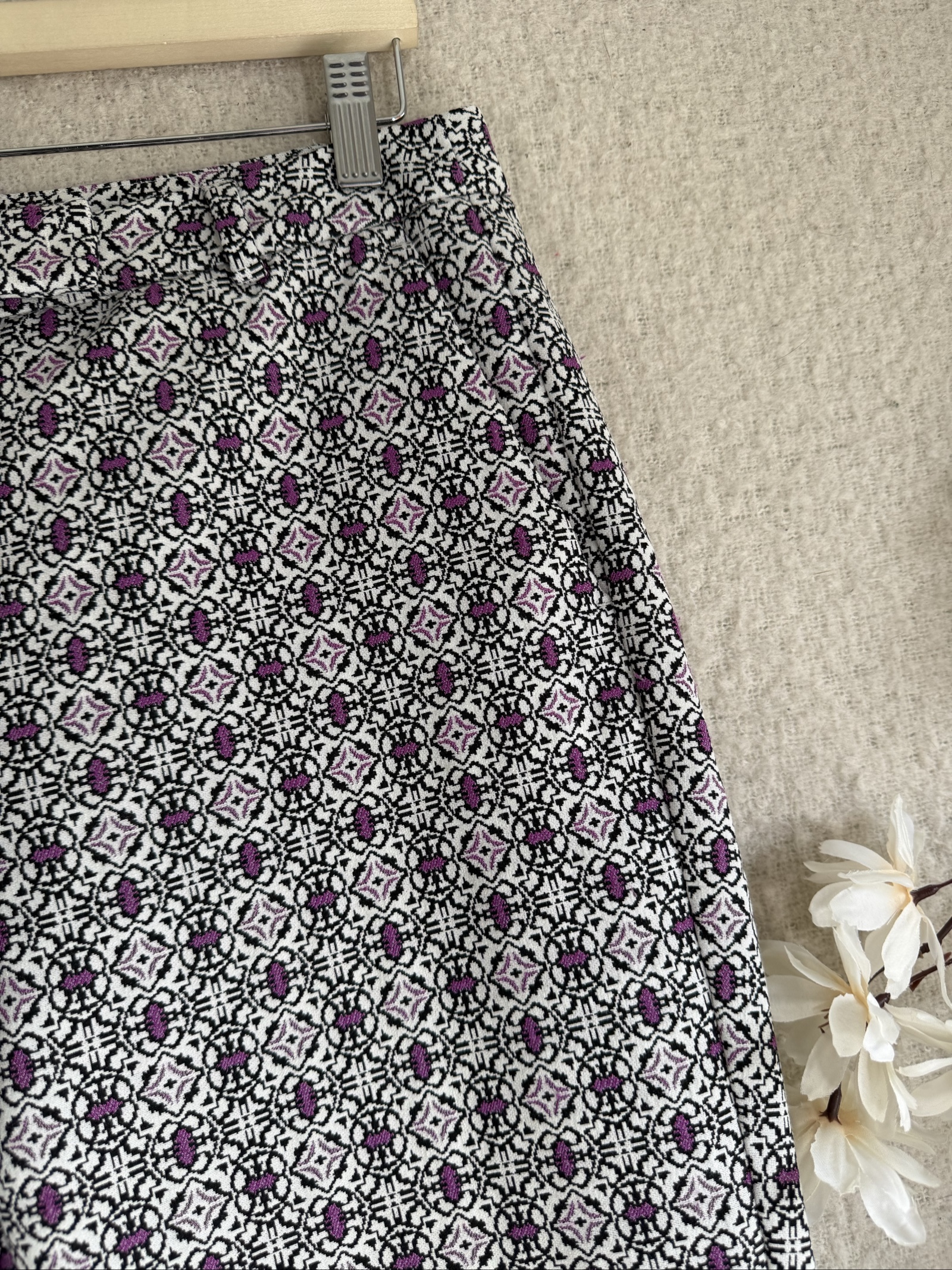 M&S Purple & Black Patterned Cotton Blend Trousers UK 12 Smart Casual Fit image 2