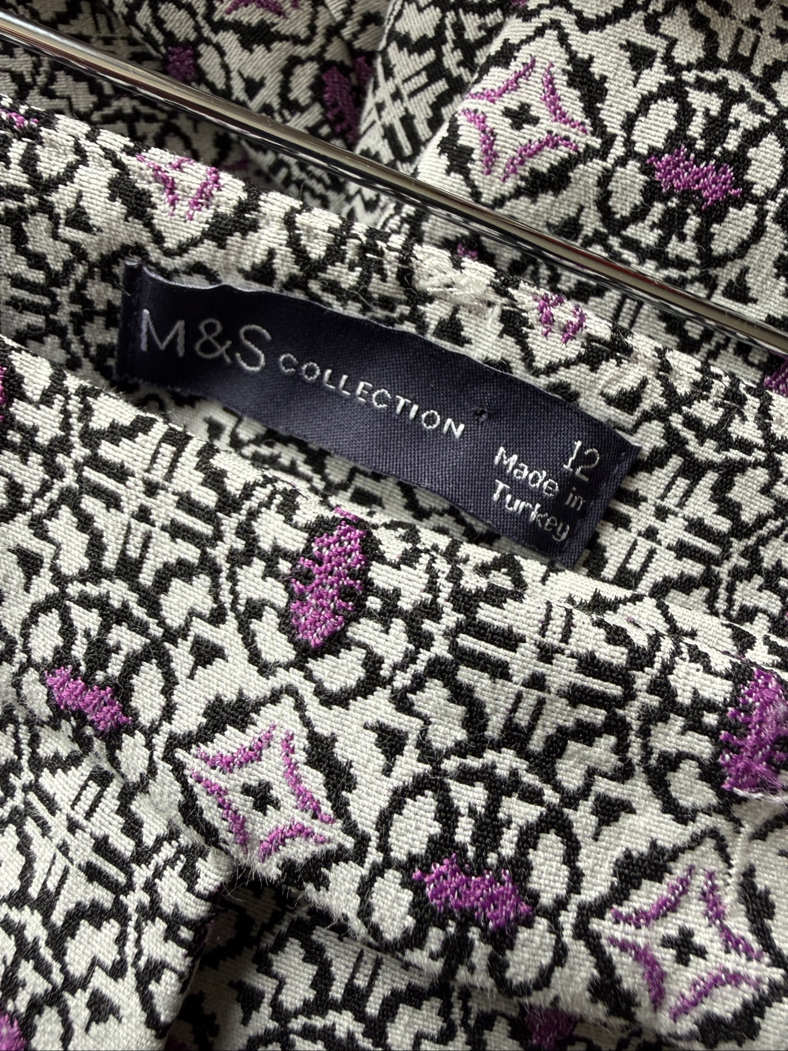 M&S Purple & Black Patterned Cotton Blend Trousers UK 12 Smart Casual Fit image 3