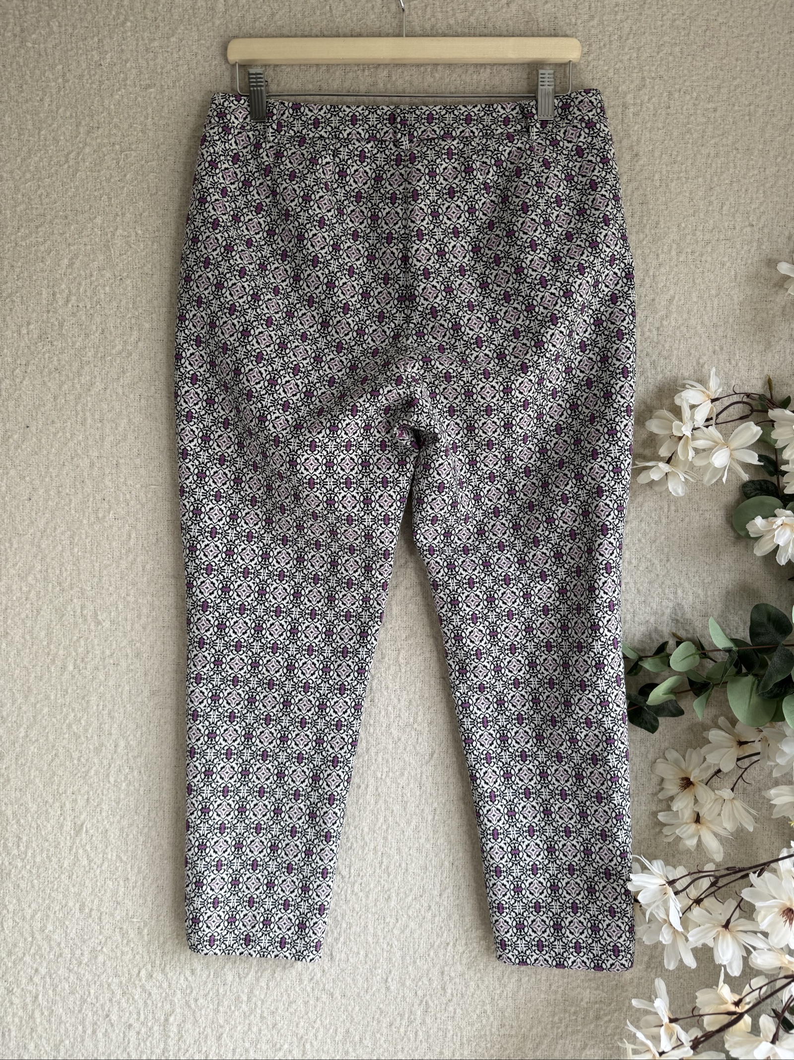 M&S Purple & Black Patterned Cotton Blend Trousers UK 12 Smart Casual Fit image 4