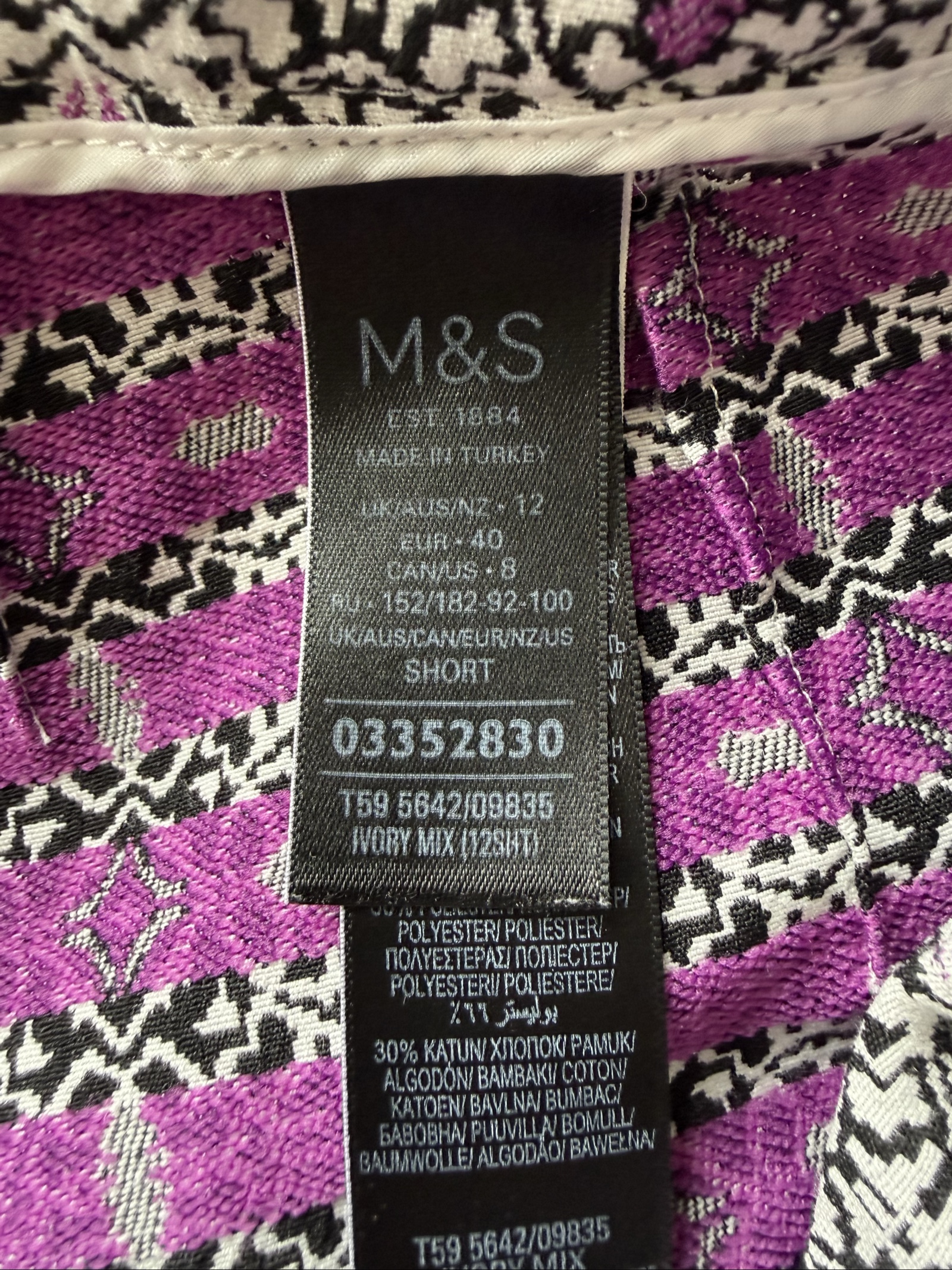 M&S Purple & Black Patterned Cotton Blend Trousers UK 12 Smart Casual Fit image 5