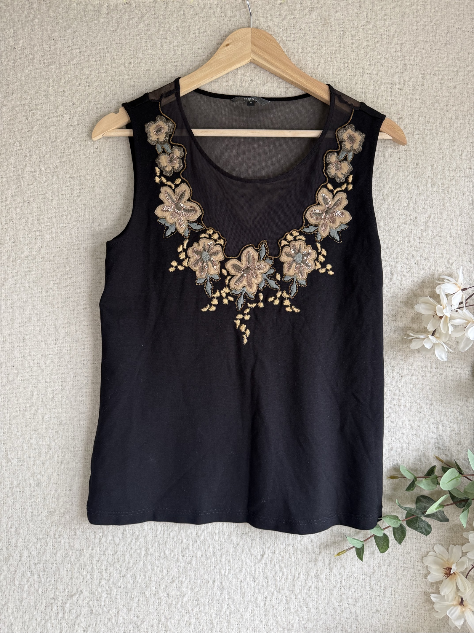 Next Black Cotton Sleeveless Top UK 14 Floral Embroidered Mesh Detail