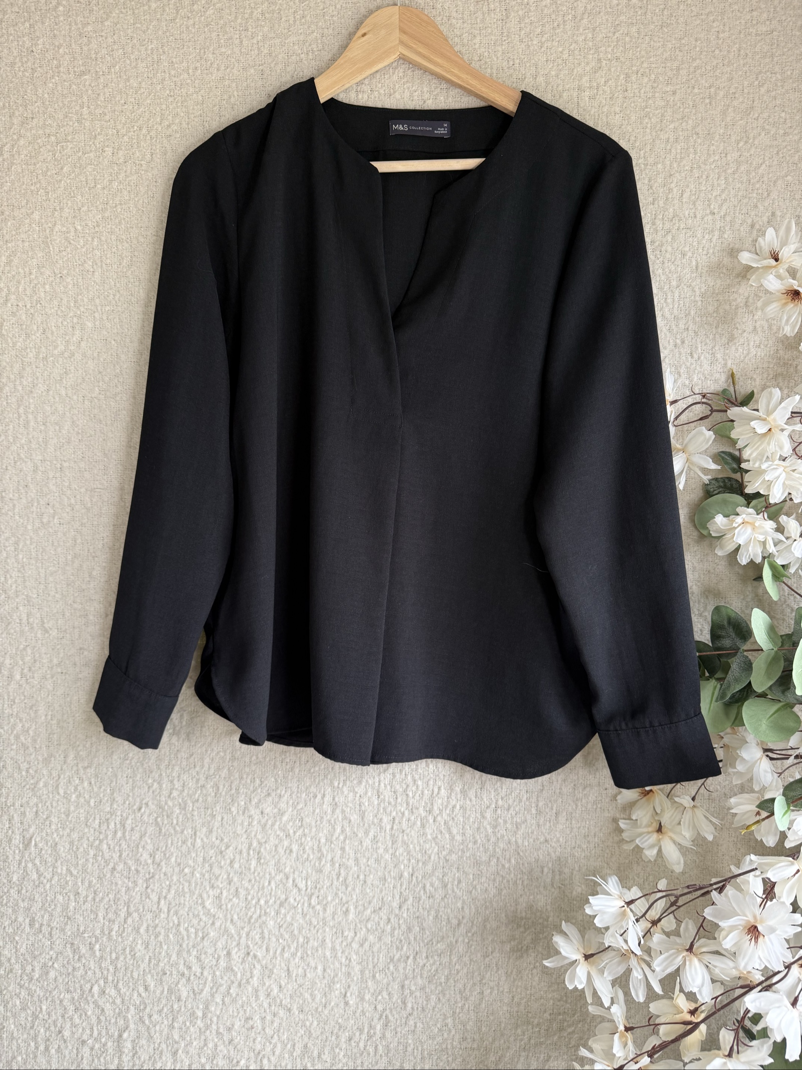M&S Black Cotton Long Sleeve Blouse UK 14 Classic Lightweight Shirt