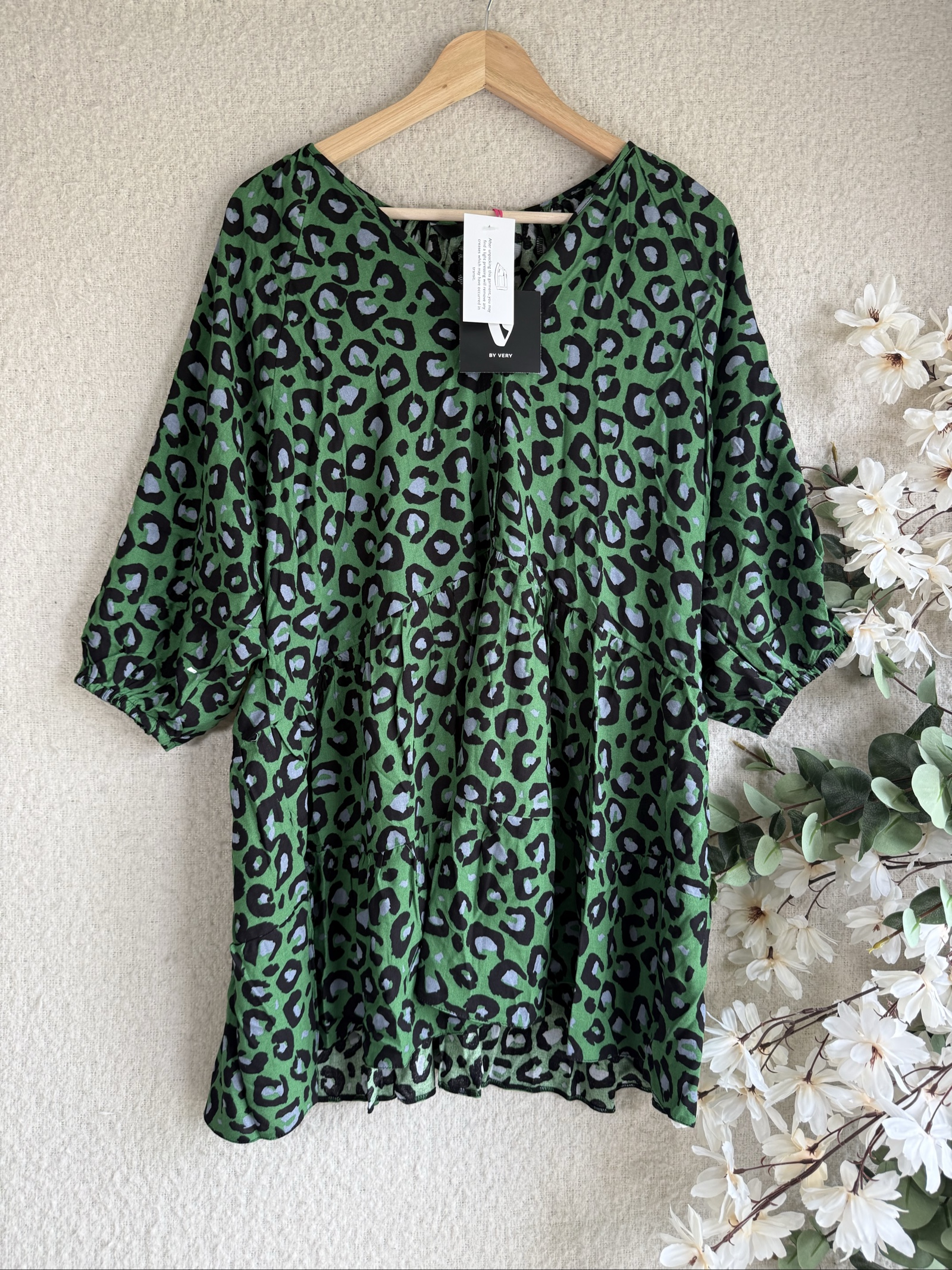 By Very Green & Black Animal Print Cotton Long Sleeve Tunic Dress UK 18